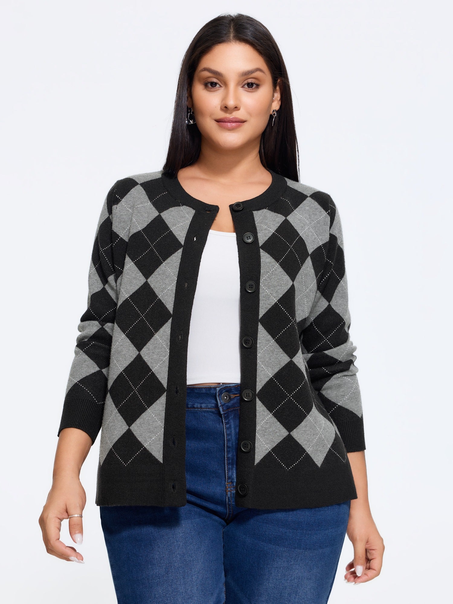 Supersoft Round Neck Argyle Button‑Down Cardigan