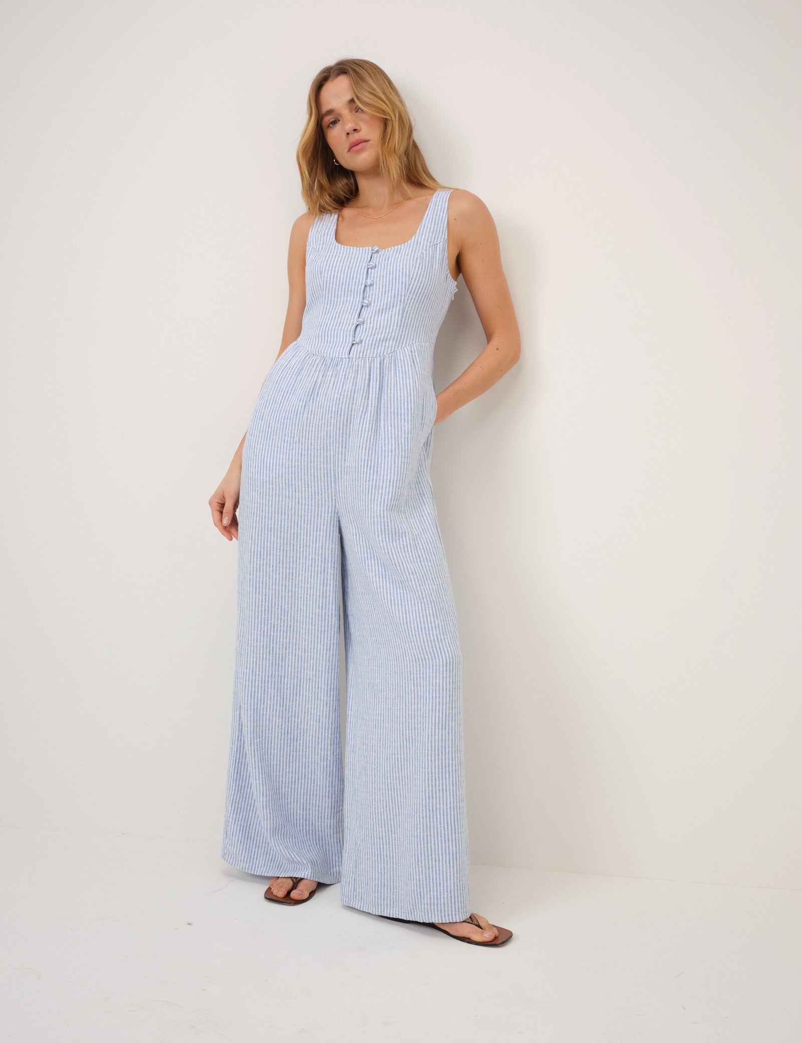 Blue Pinstripe Linen-Rich Cora Jumpsuit