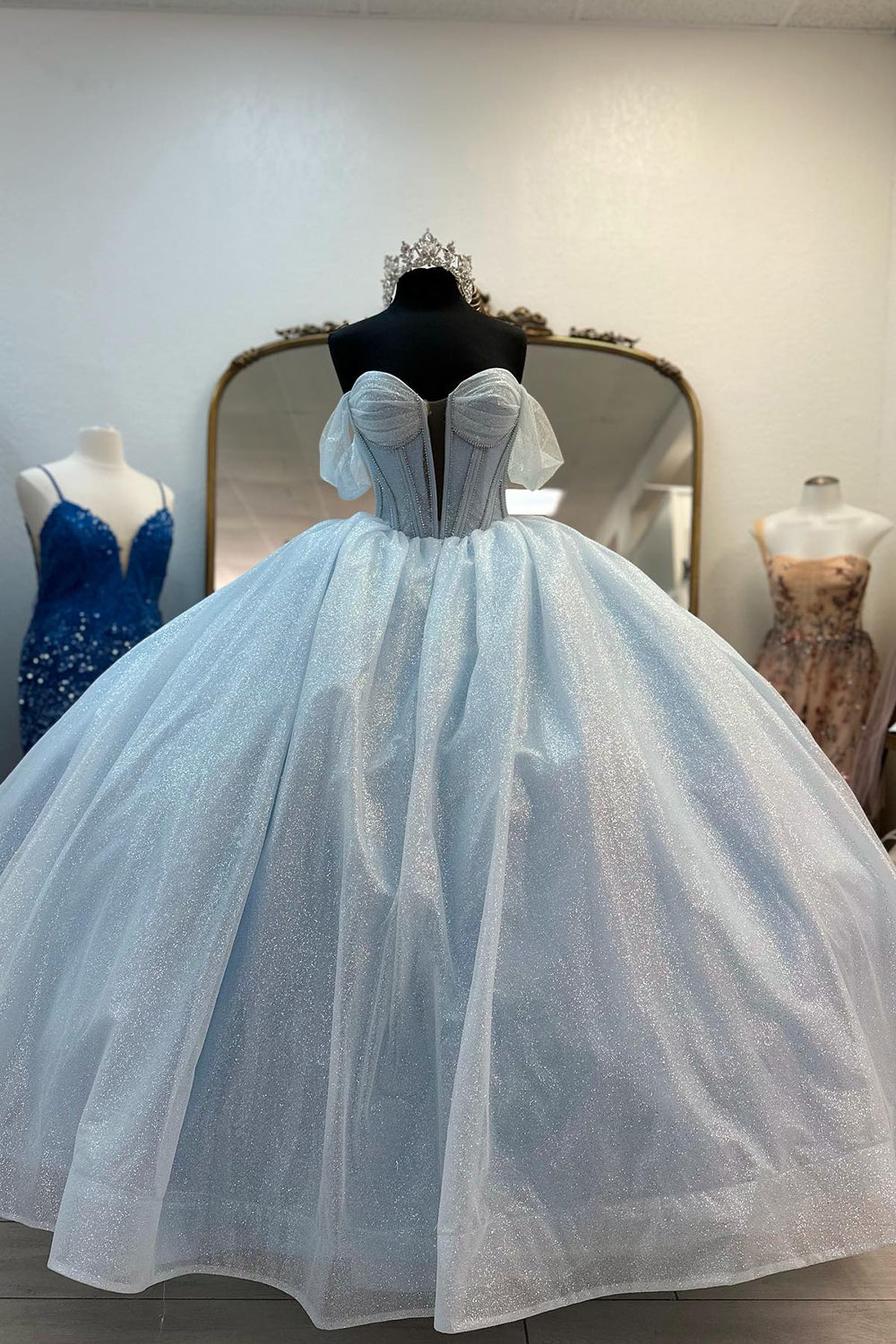 Light Blue Sparkly Off-the-Shoulder Long Corset Prom Dress with Tulle Skirt and Bow
