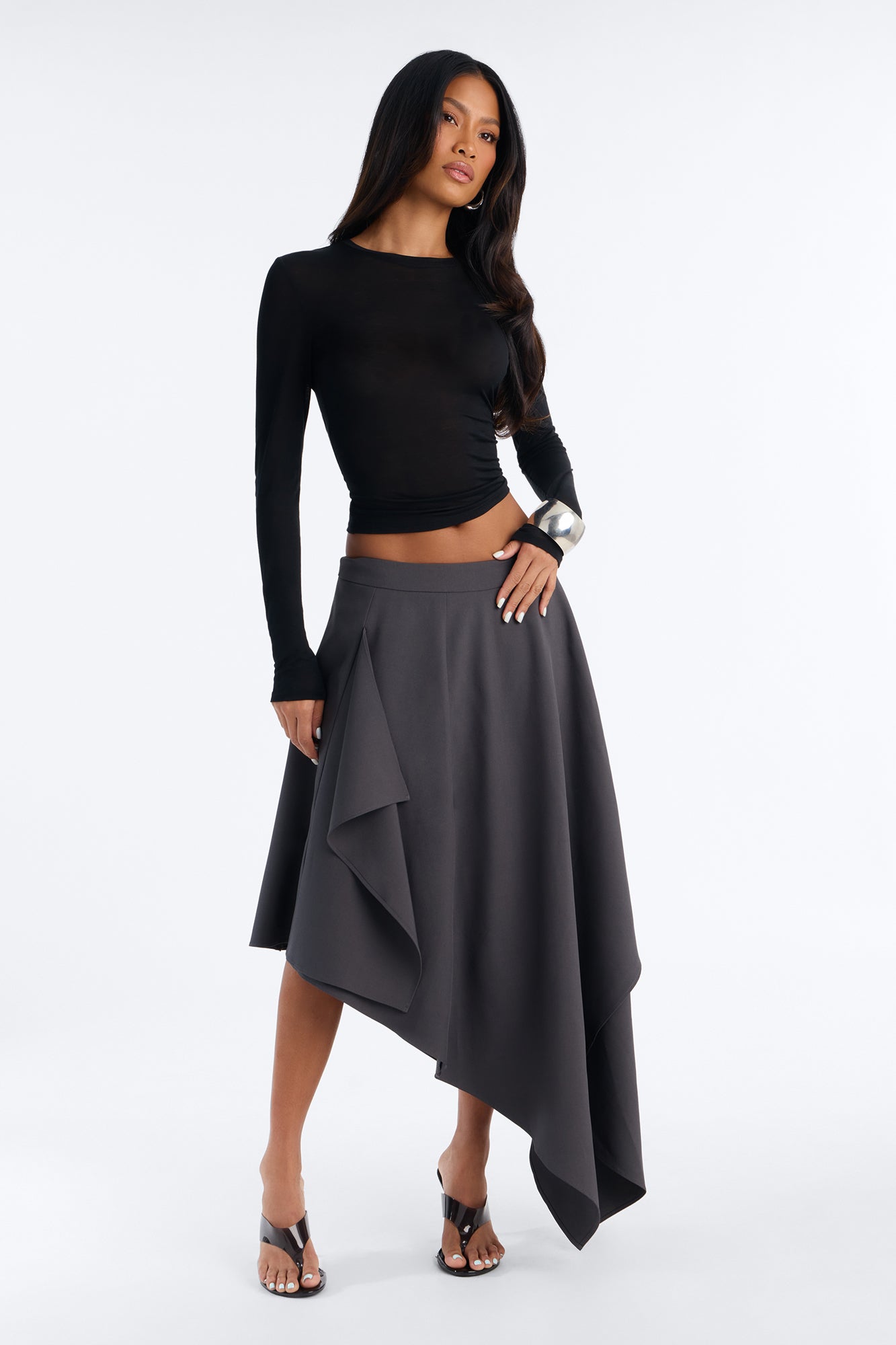 Selah Asymmetrical Tailored Godet Maxi Skirt - Charcoal