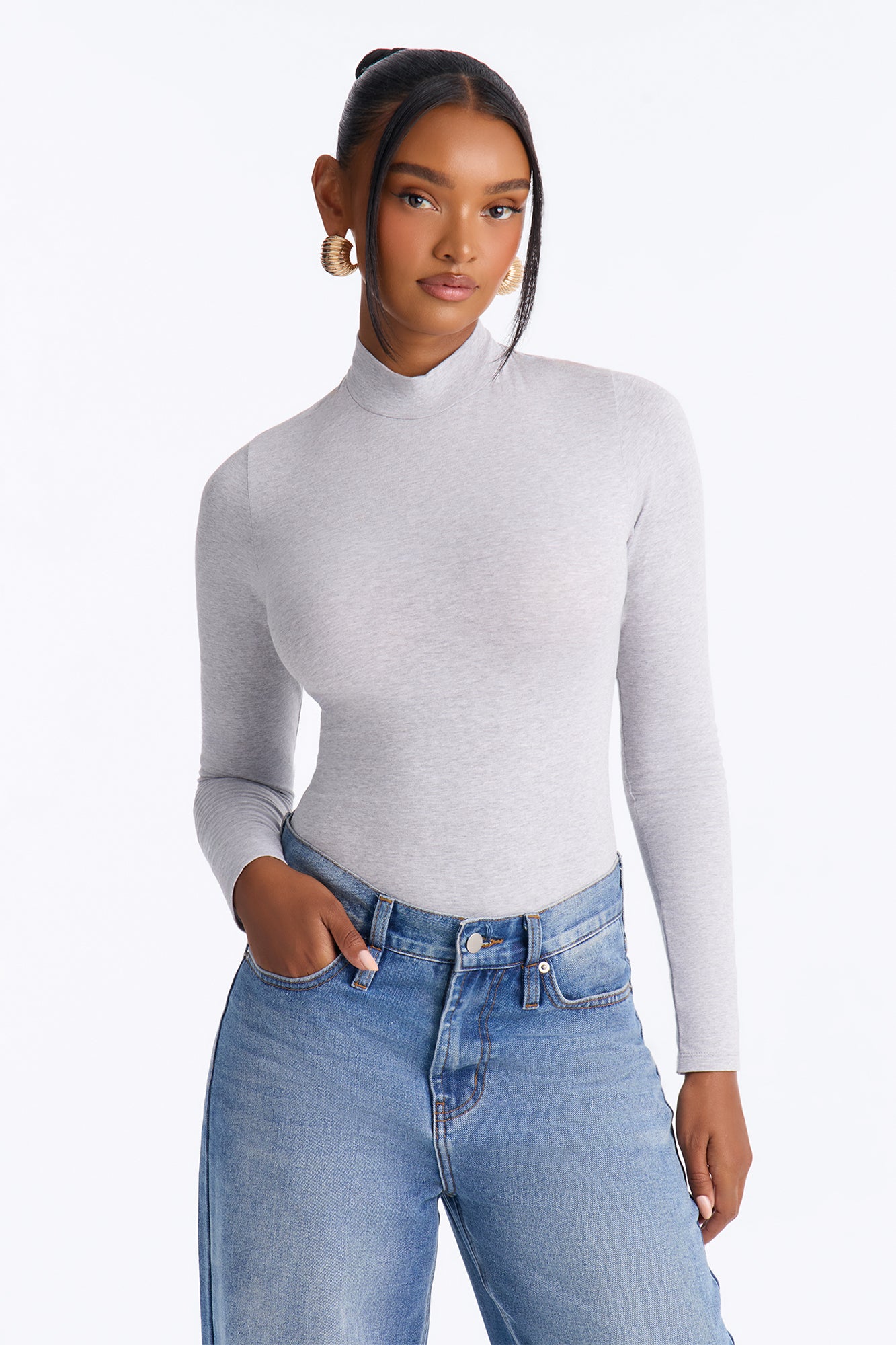 Mock Neck Cotton Blend Bodysuit - Heather Grey