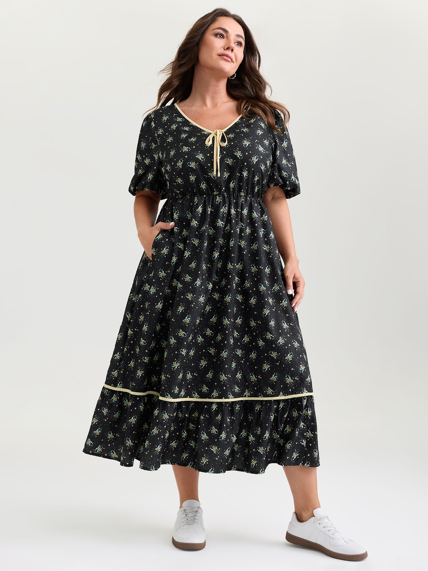 Floral Print Neck Tie Contrast Midi Dress