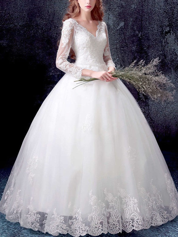 Fabulous V-Neck Long Sleeves Ball Gown Tulle Floor-Length Wedding Dresses with Appliques