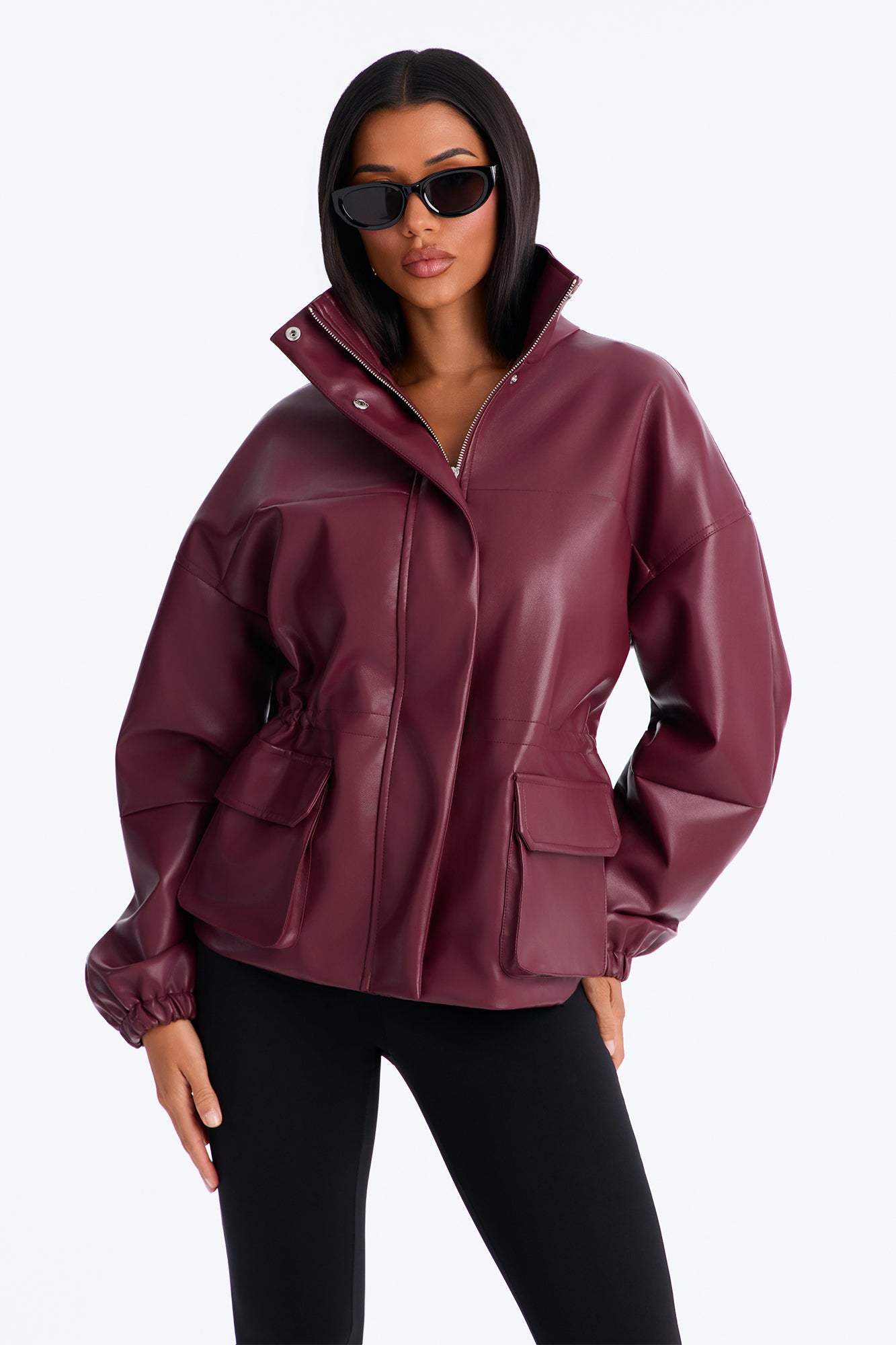 On The Move Faux Leather Funnel Neck Anorak Jacket - Burgundy
