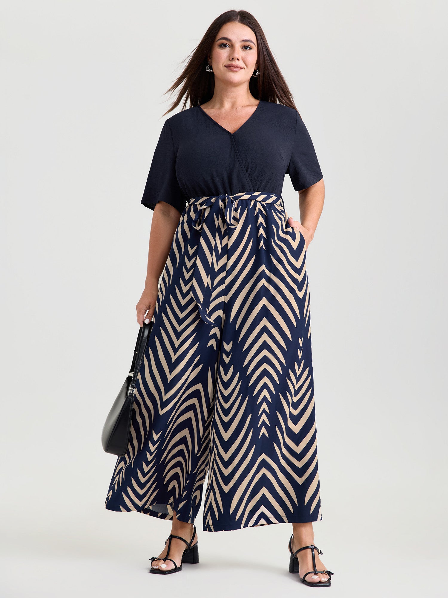 Geometric Print V-Neck Stretchy Jumpsuit
