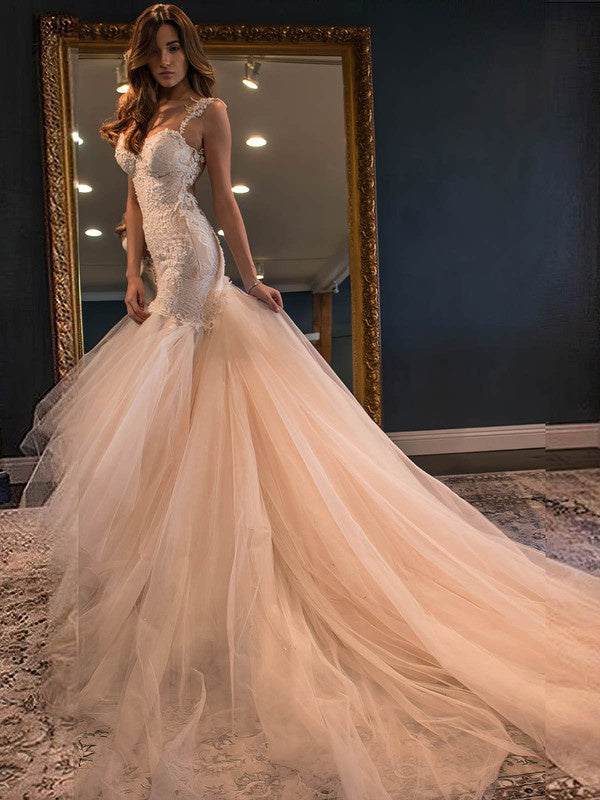 Gorgeous Trumpet Sleeveless Sweetheart Tulle Lace Wedding Dresses