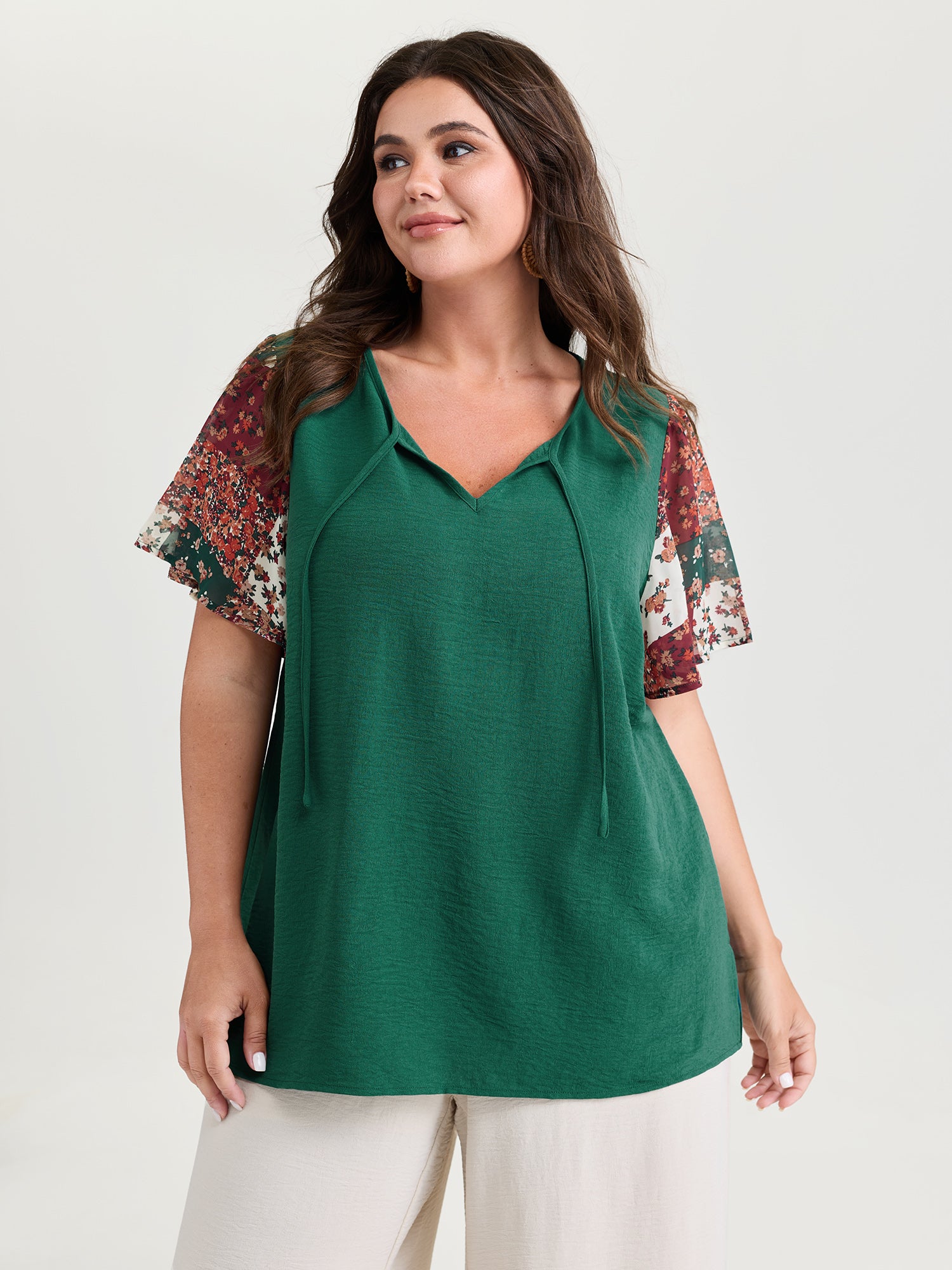 Floral Collage Print Keyhole Neckline Blouse