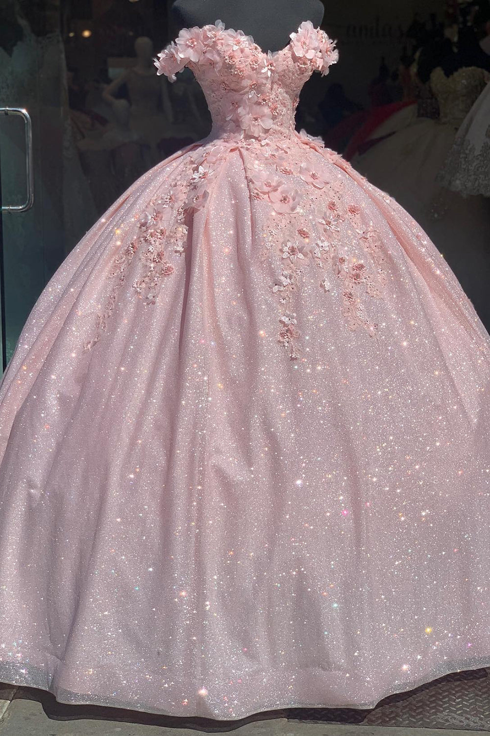 Pink Sparkle Princess Quinceanera Dress with Beaded Off-Shoulder Tulle
