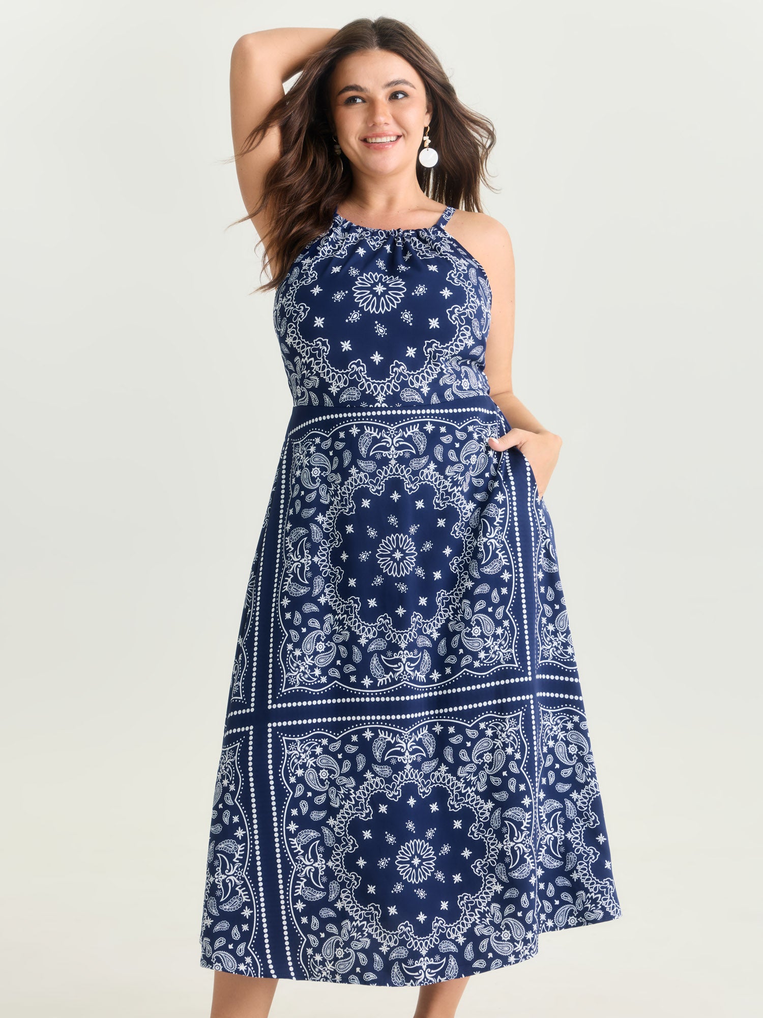 Large Floral Print Halter Neckline Maxi Dress