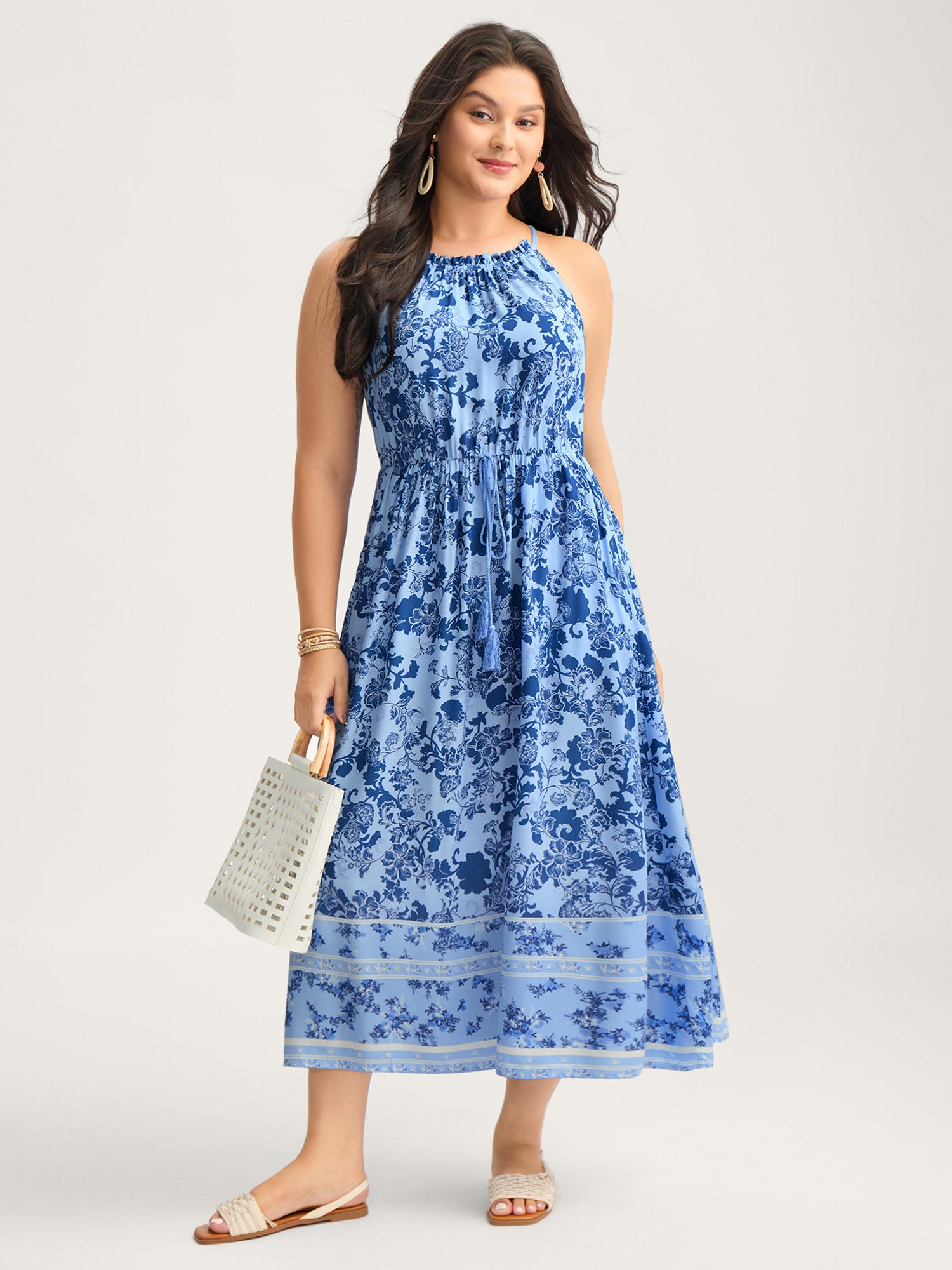 Rayon Braided Shoulder Straps Floral Midi Dress