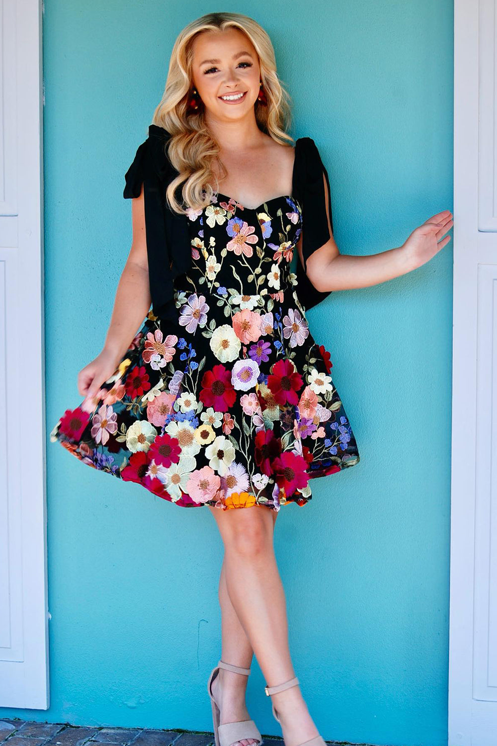 Black A Line Flower Print Short Homecoming Dress/Mini Dress