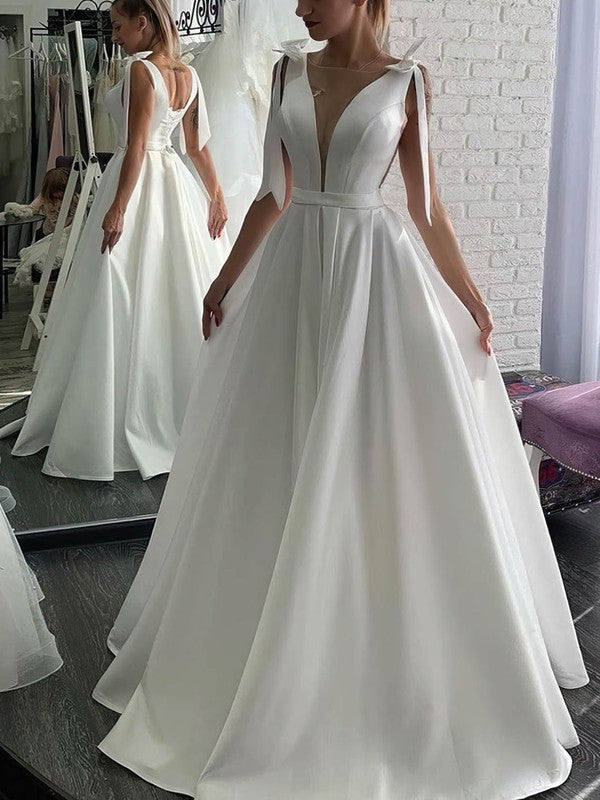 Chic Deep V-Neck Satin Sleeveless Sweep Train Ball Gown Wedding Dresses with Bow