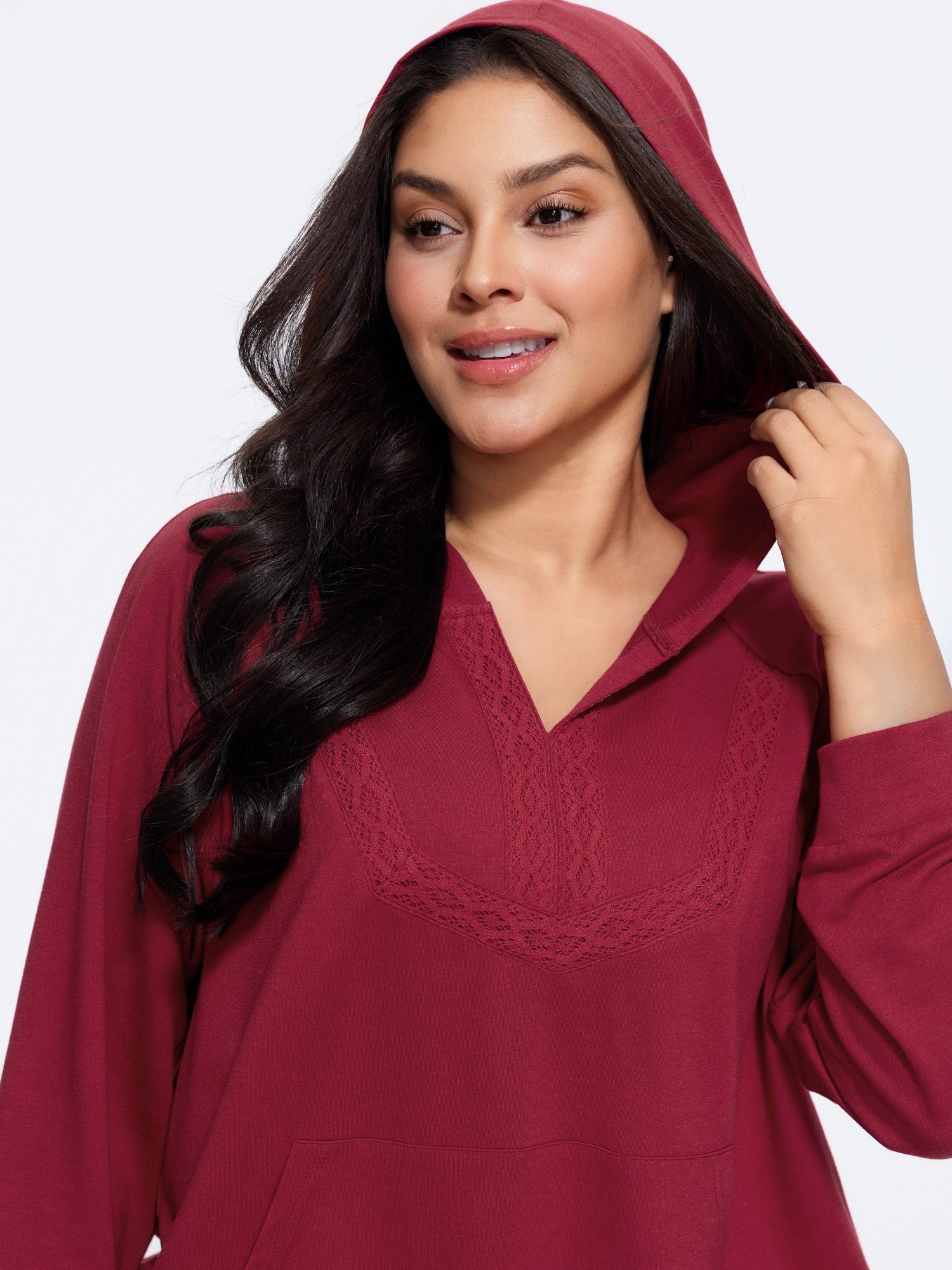 Lace Detail Raglan Sleeve Kangaroo Pocket Hoodie
