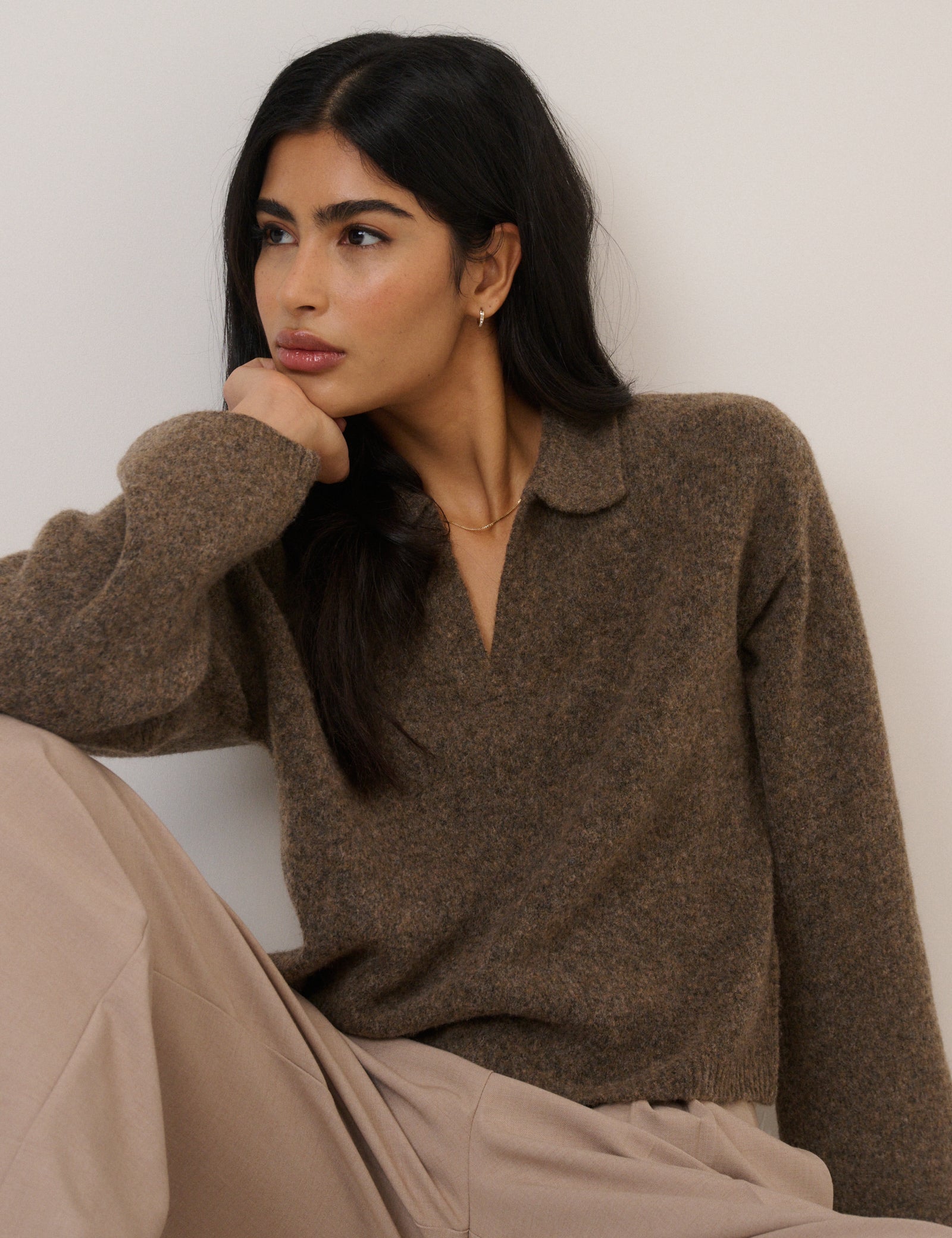 Brown Open Collar Polo Knitted Jumper