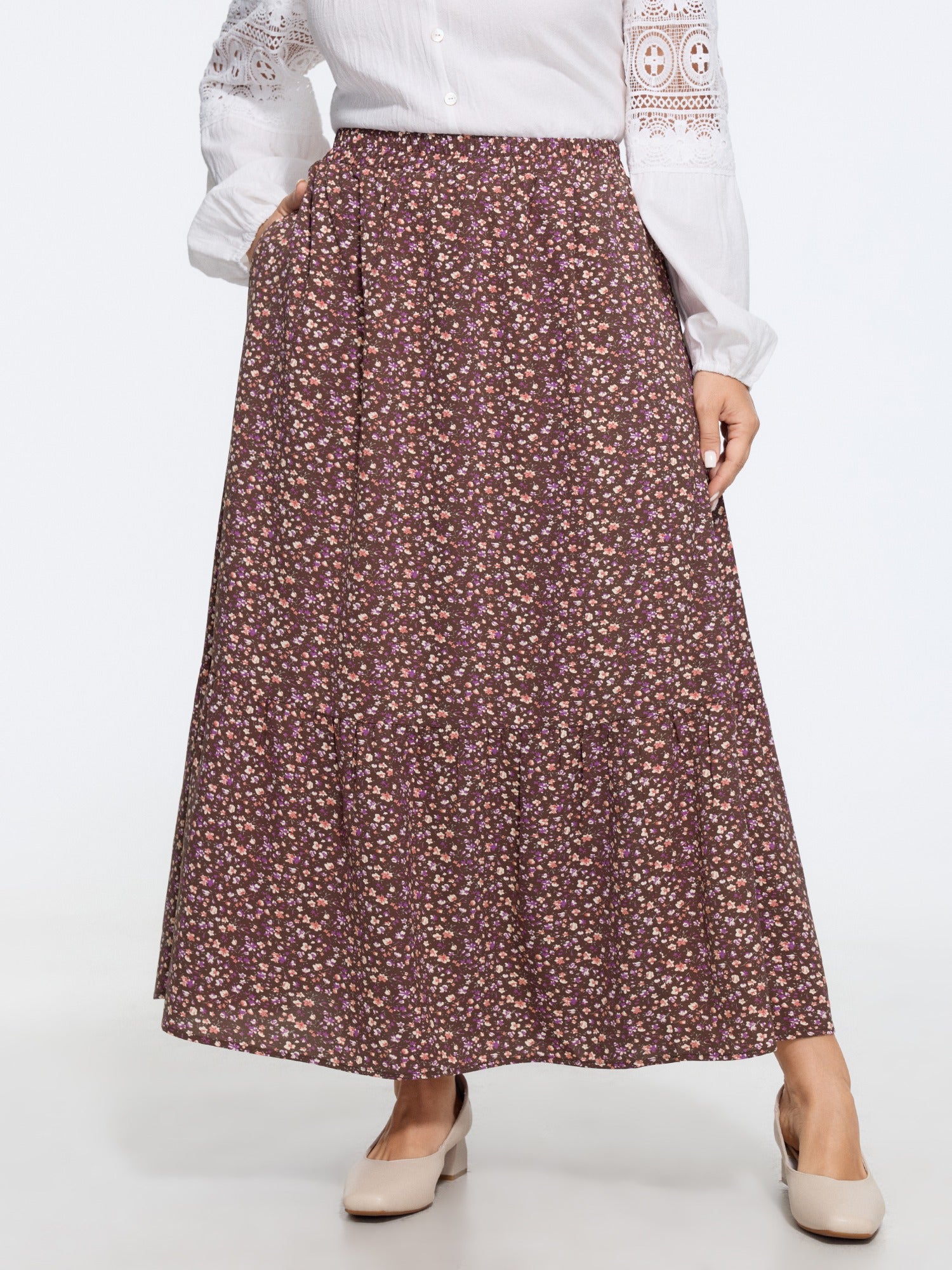 Ditsy Floral Print Elastic Waist Tiered Maxi Skirt
