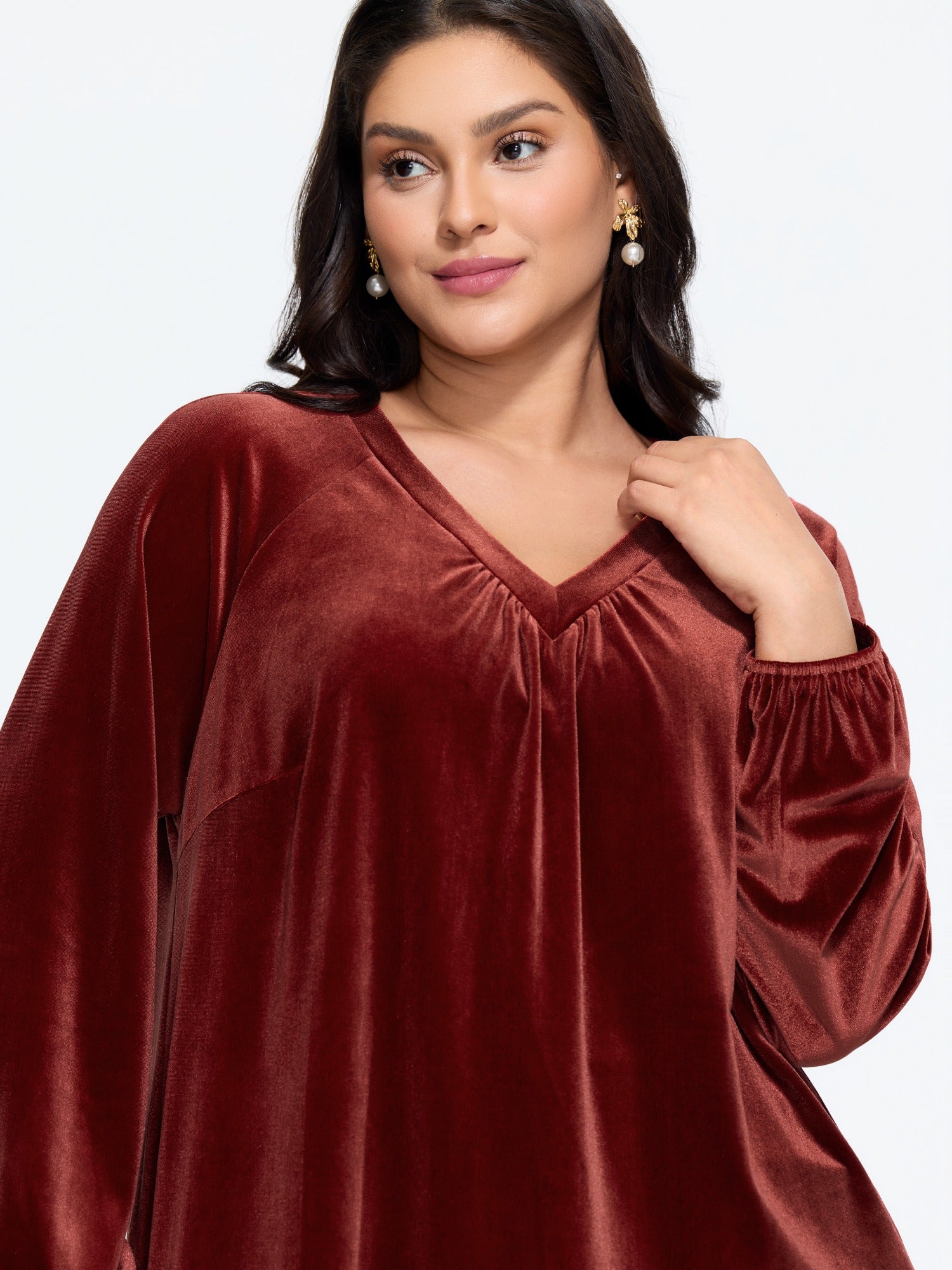 Velvet V Neck Ruched Raglan Sleeve Top