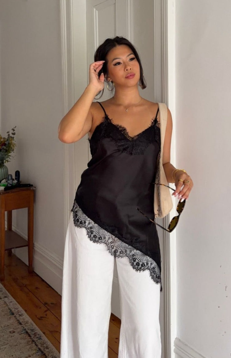 Ziva Black Satin Lace Trim Asymmetrical Top