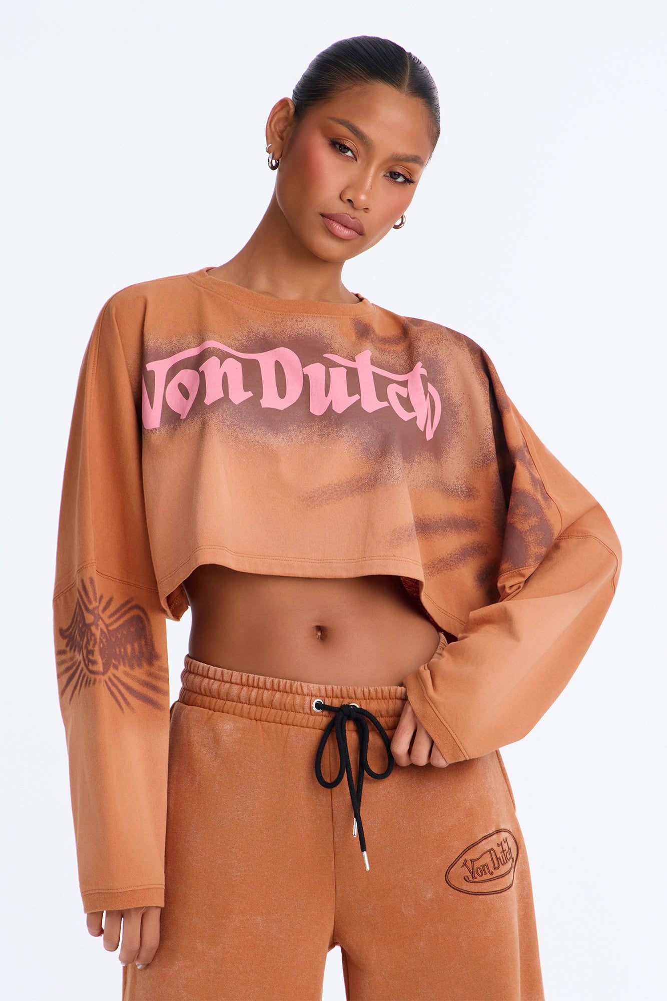 Von Dutch Washed Logo Long Sleeve Tee - Camel