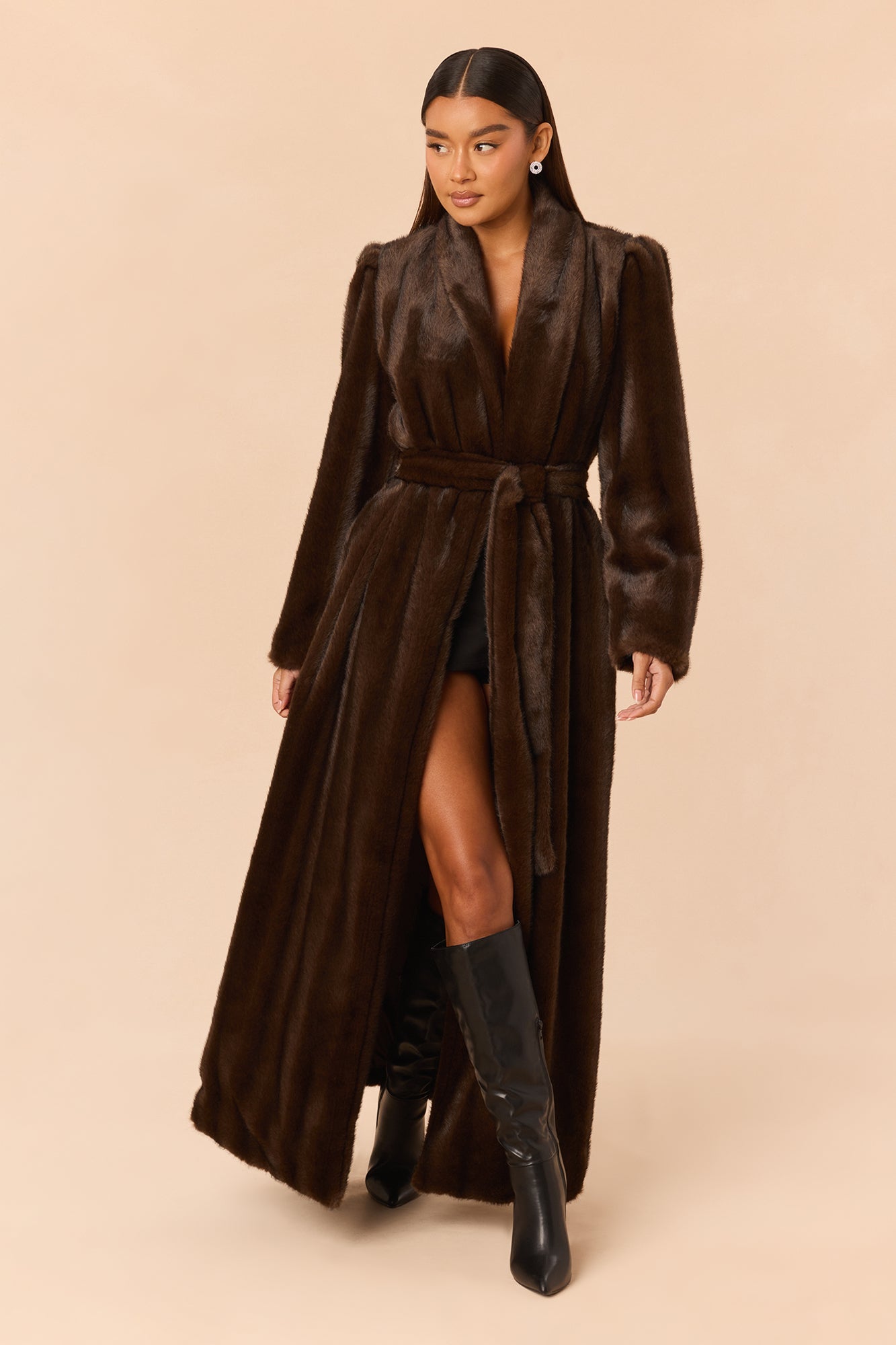 Fiona Faux Fur Long Coat - Dark Brown