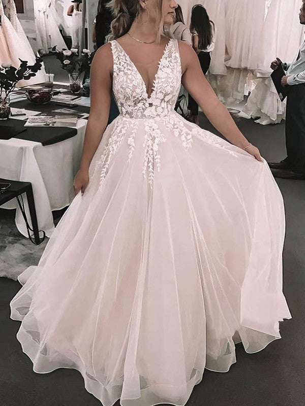 Glamorous A-Line Deep V-Neck Sleeveless Tulle Chapel Train Wedding Dresses