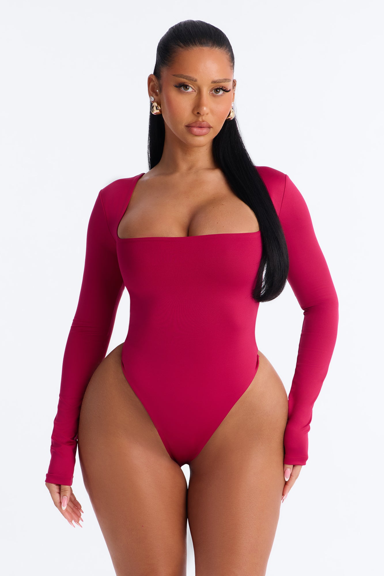 Contour Double Lined Long Sleeve Square Neck Bodysuit - Raspberry