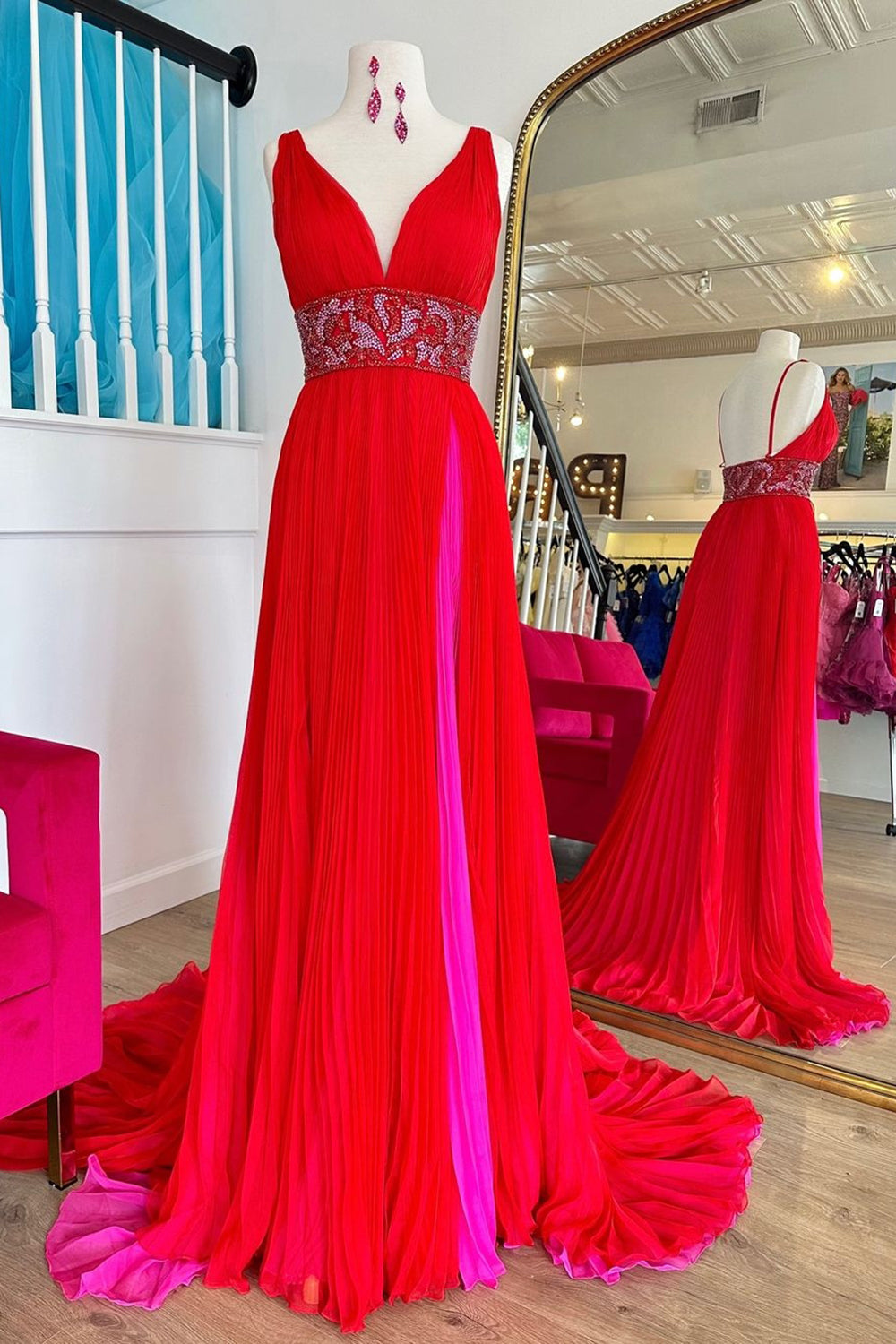 Stylish Red Deep V-Neck Pleated Chiffon A-Line Long Prom Dress with Beading