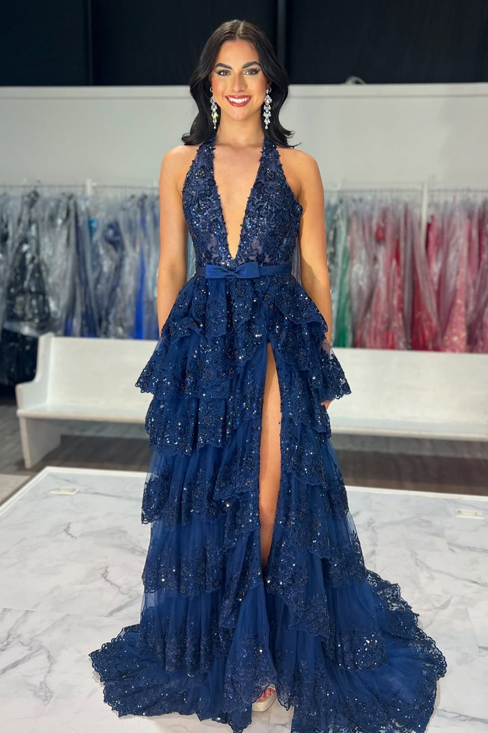 Long A-Line Prom Dress in Navy with Halter Neck Tiered Tulle and Sequined Applique