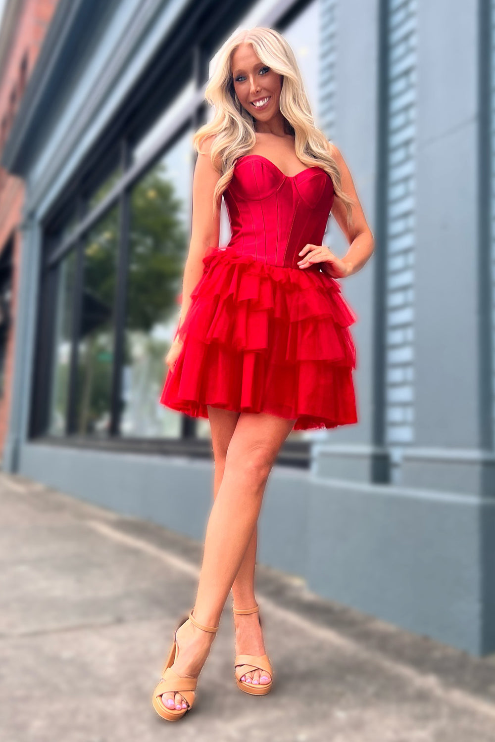 Corset Red Sweetheart Short Homecoming Dress/Mini Dress With Ruffles