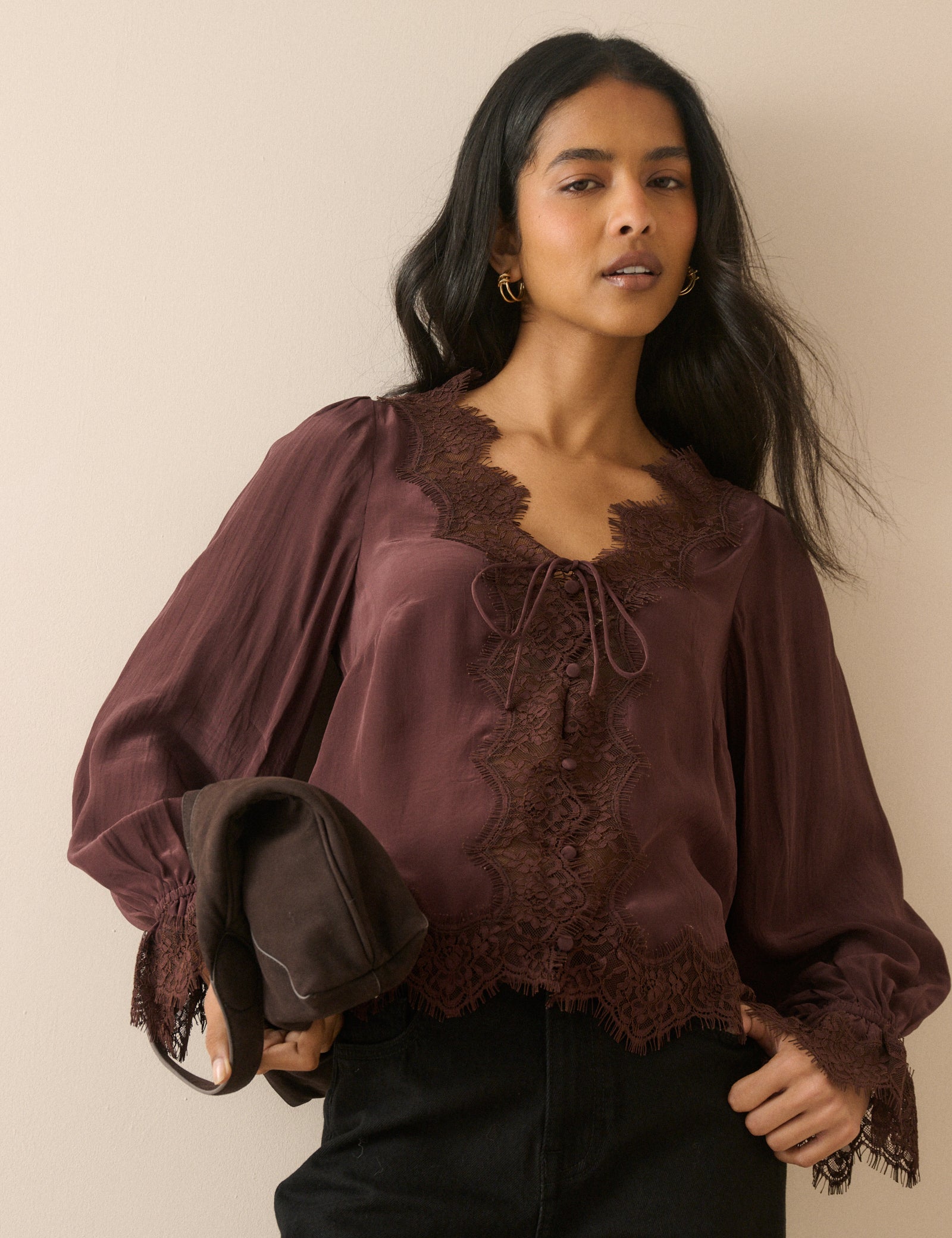 Chocolate Brown Satin Lace Trim Wilde Blouse