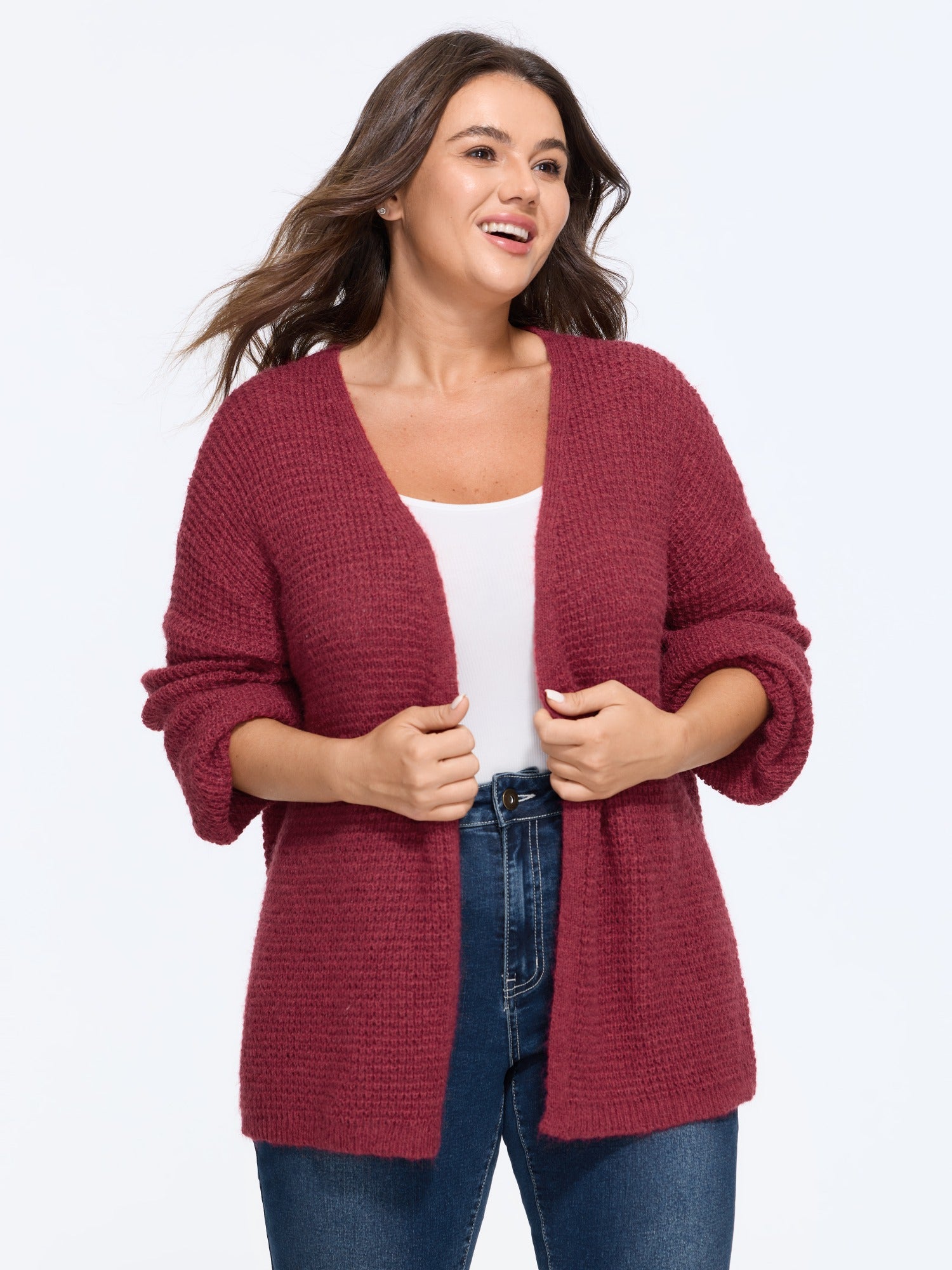 Wool Blend V Neck Open Front Waffle Knit Cardigan