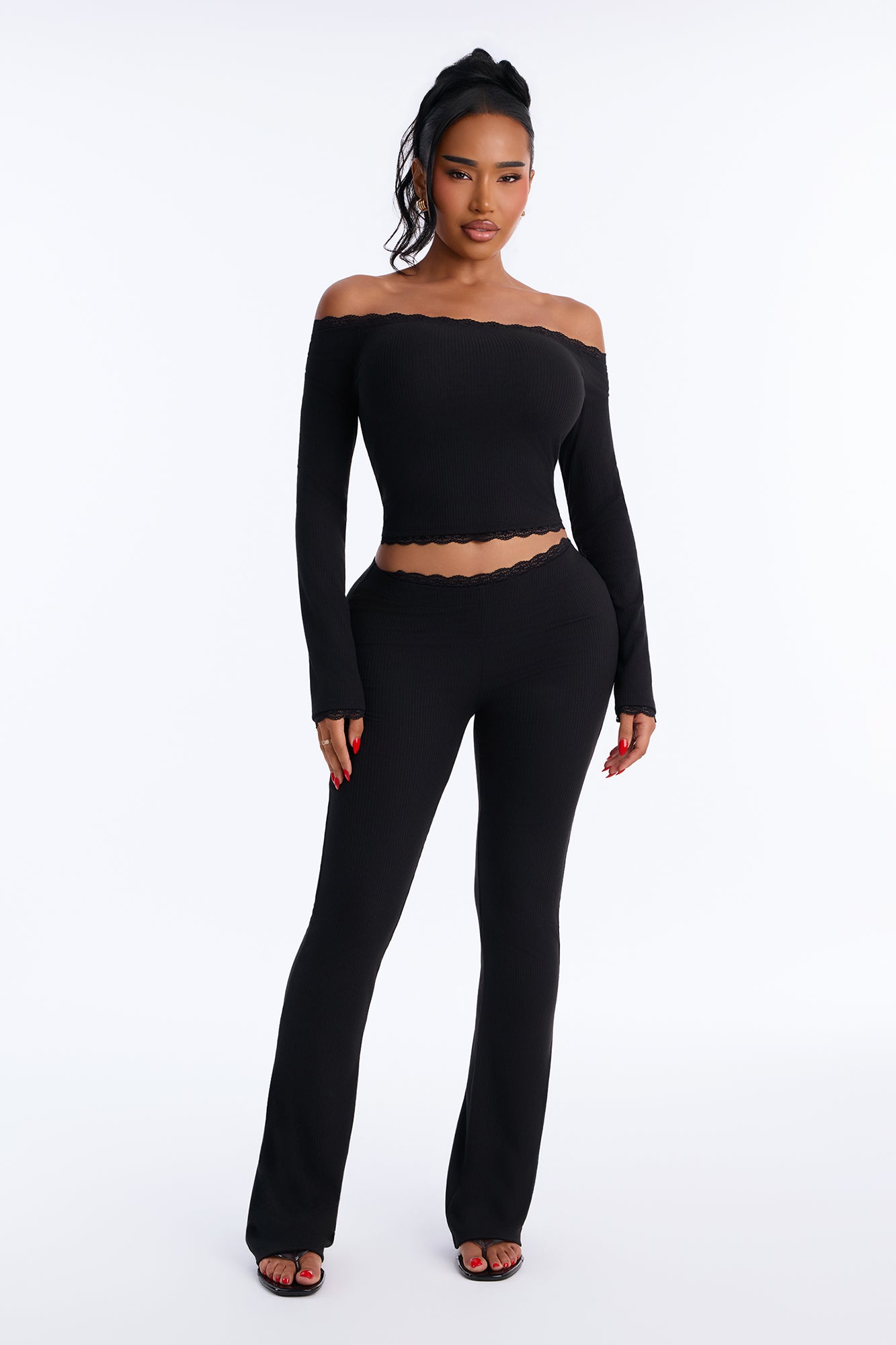 Isa Ribbed Lace Trim Flare Pant Set - Black