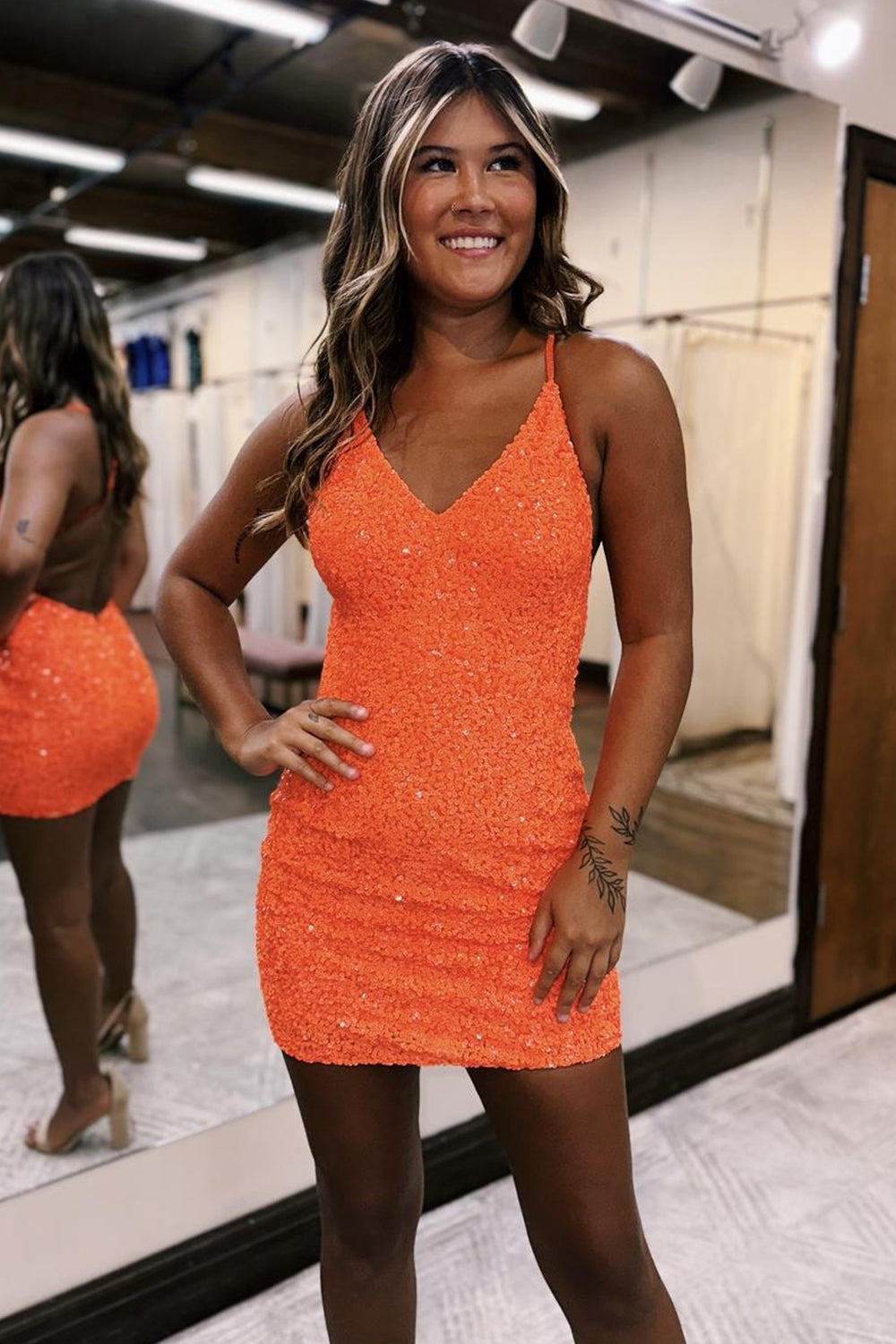 Sparkly Orange Sequins Backless Tight Short Homecoming Dress/Mini Dress