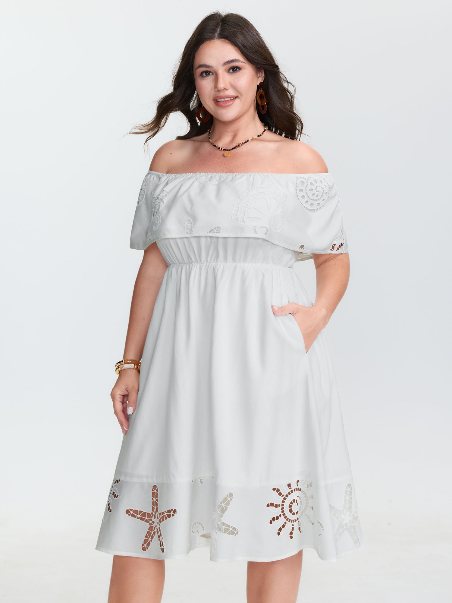 Ocean Pattern Embroidered Cut-Out Midi Dress