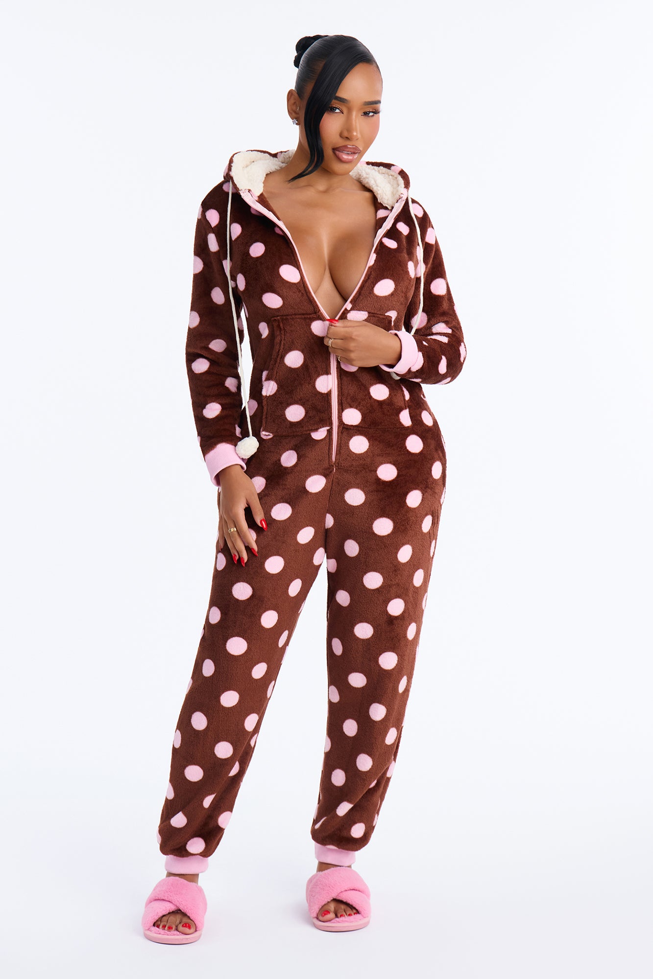 Pretty In Polka Dots Hooded Plush PJ Onesie - Chocolate