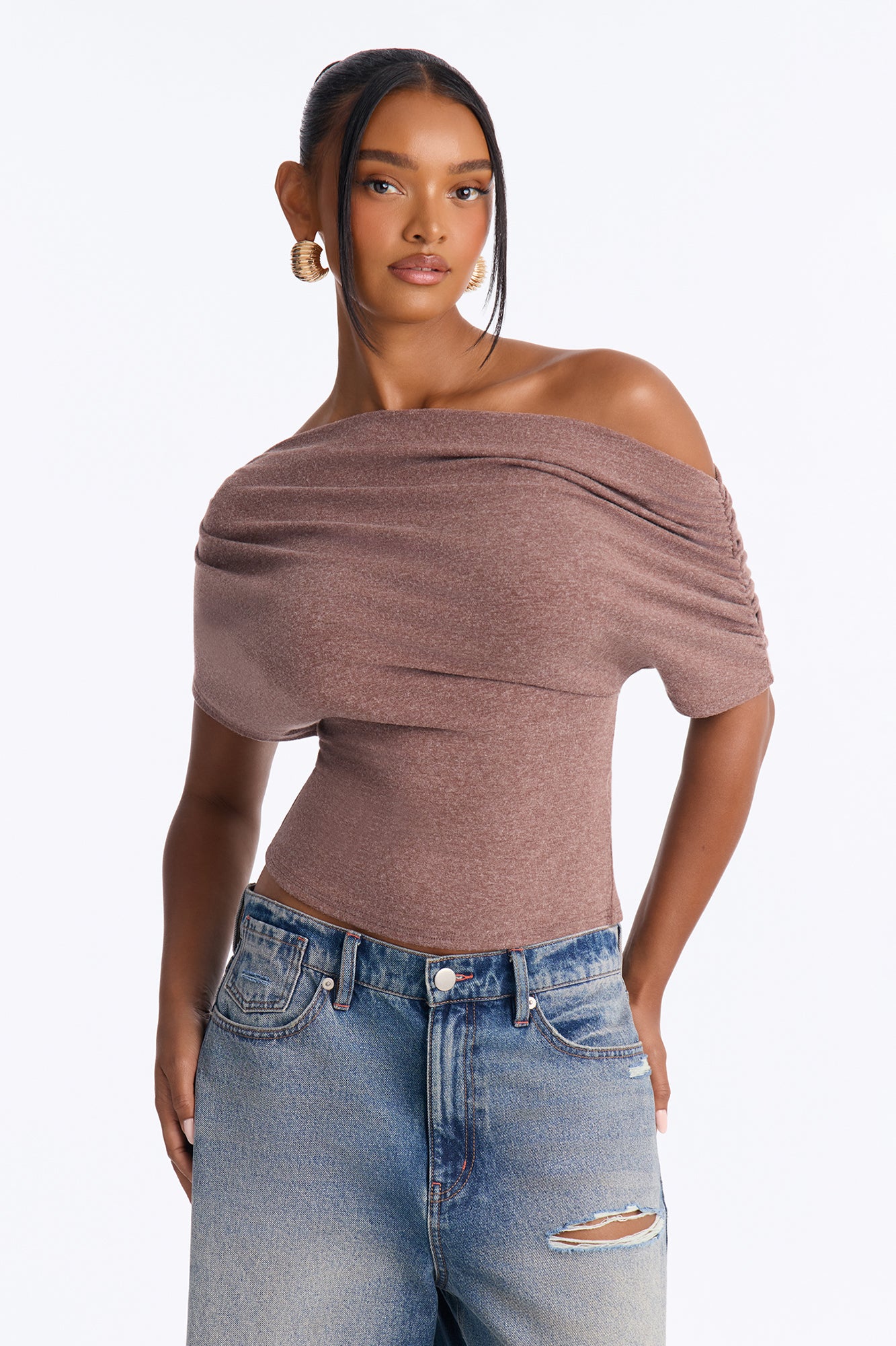 No Effort Ruched Off Shoulder Top - Chocolate