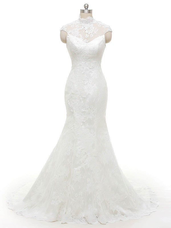 Elegant Trumpet High Neck Lace Sweep Train Wedding Dresses