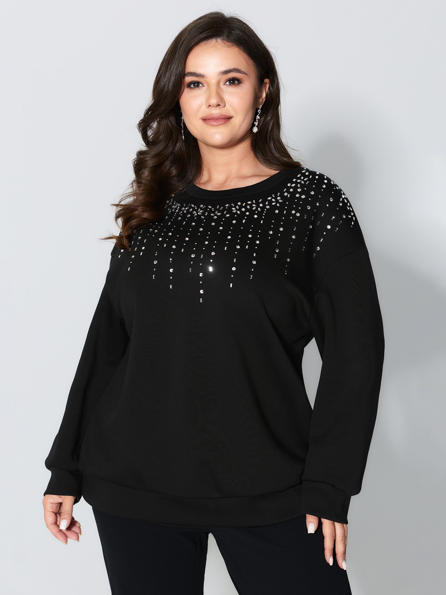 Rhinestone Relaxed-Fit Round Neck Sweatshirt