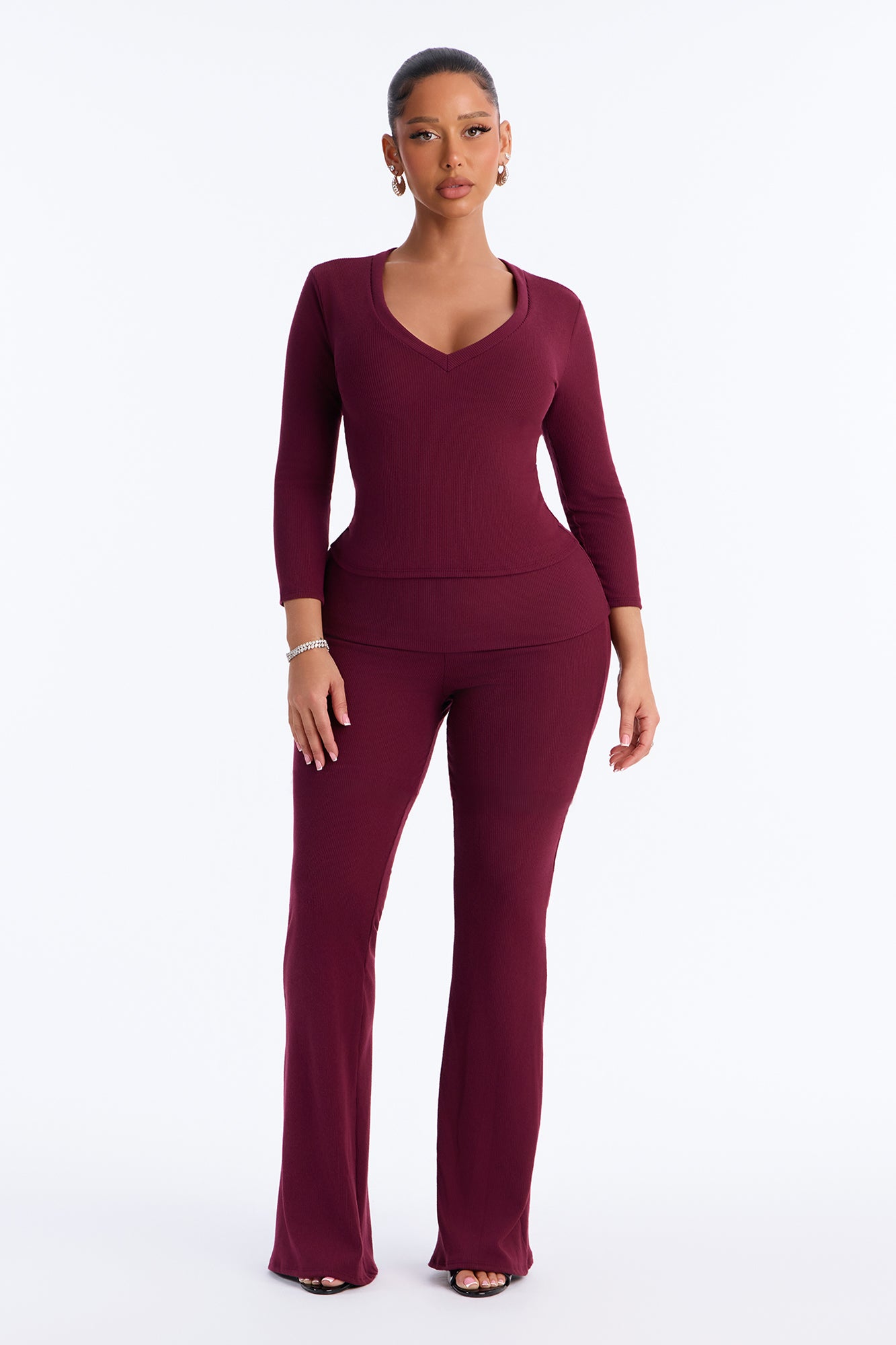 Paxton V-Neck Flare Pant Set - Burgundy