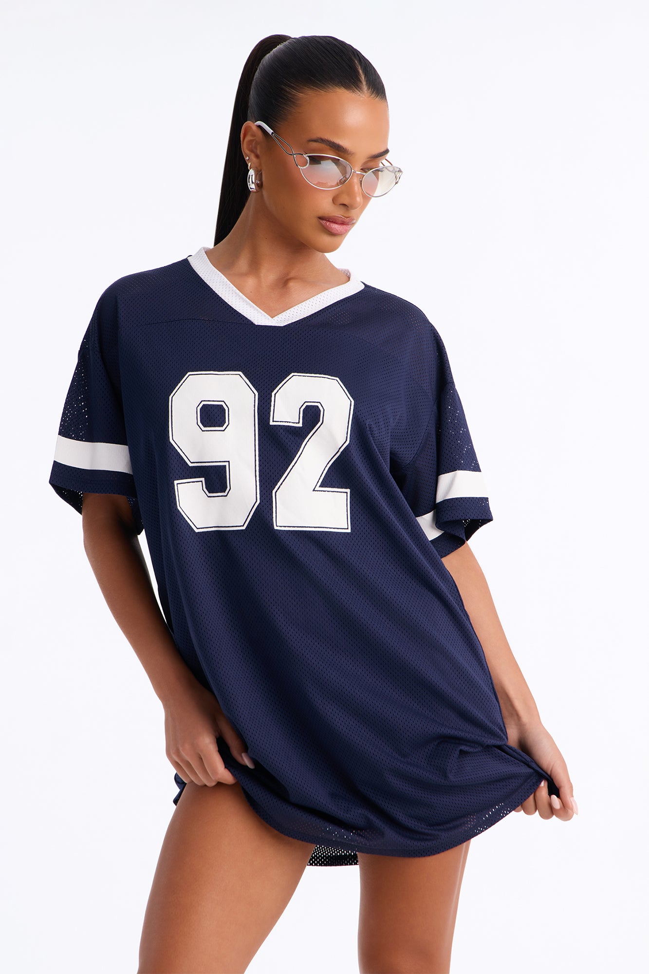 Playmaker Short Sleeve Mesh Mini Dress - Navy/combo