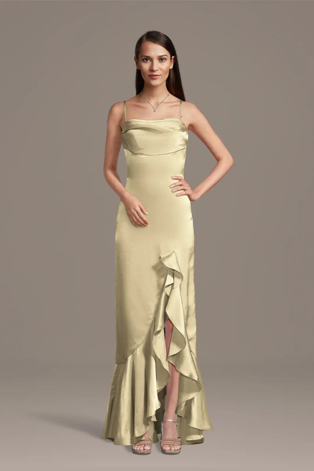 Charmeuse Cowl Neck Ruffle Skirt Sheath Dress
