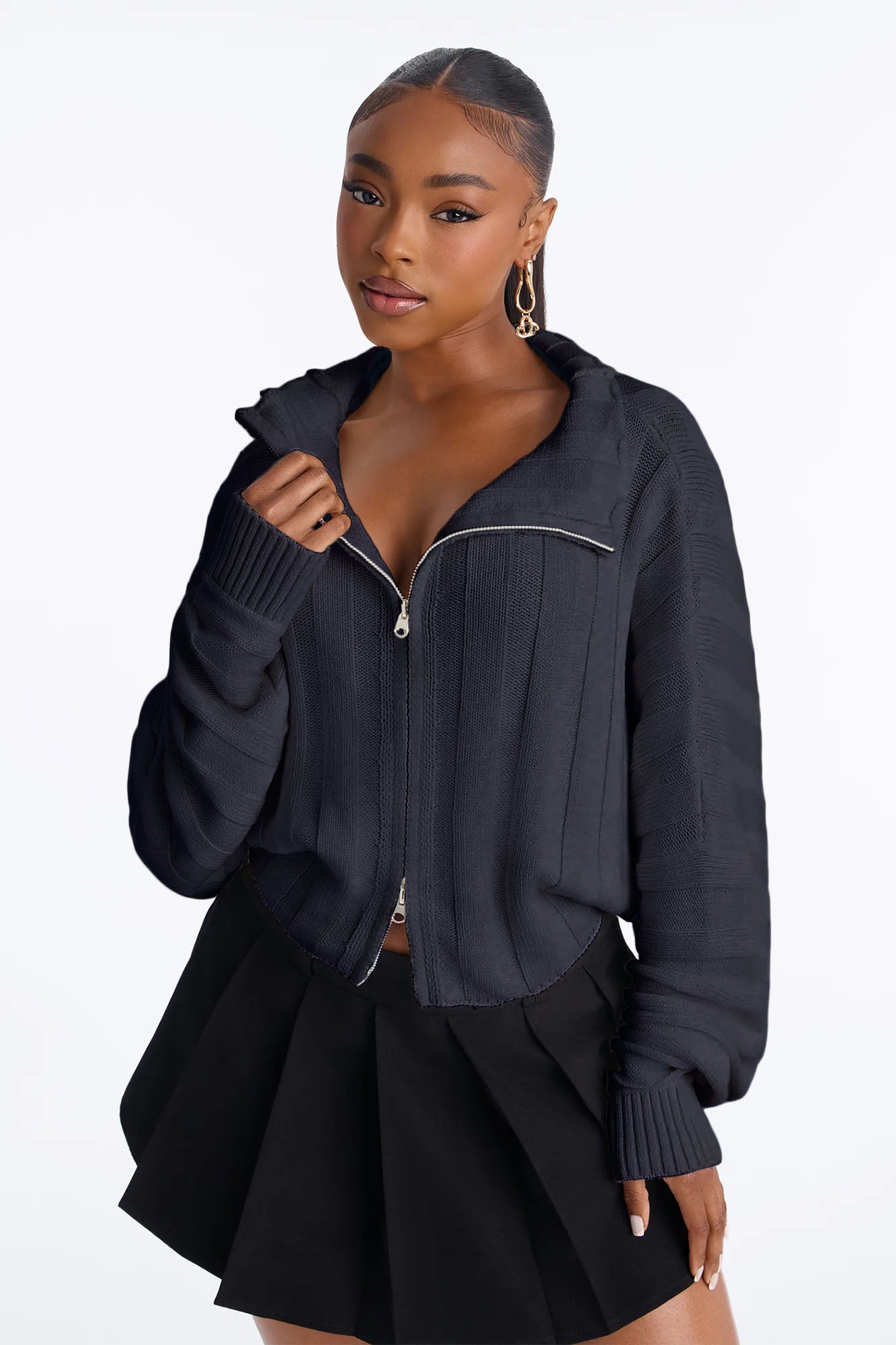 Cozy Girl Zip Front Cropped Cardigan Sweater - Charcoal