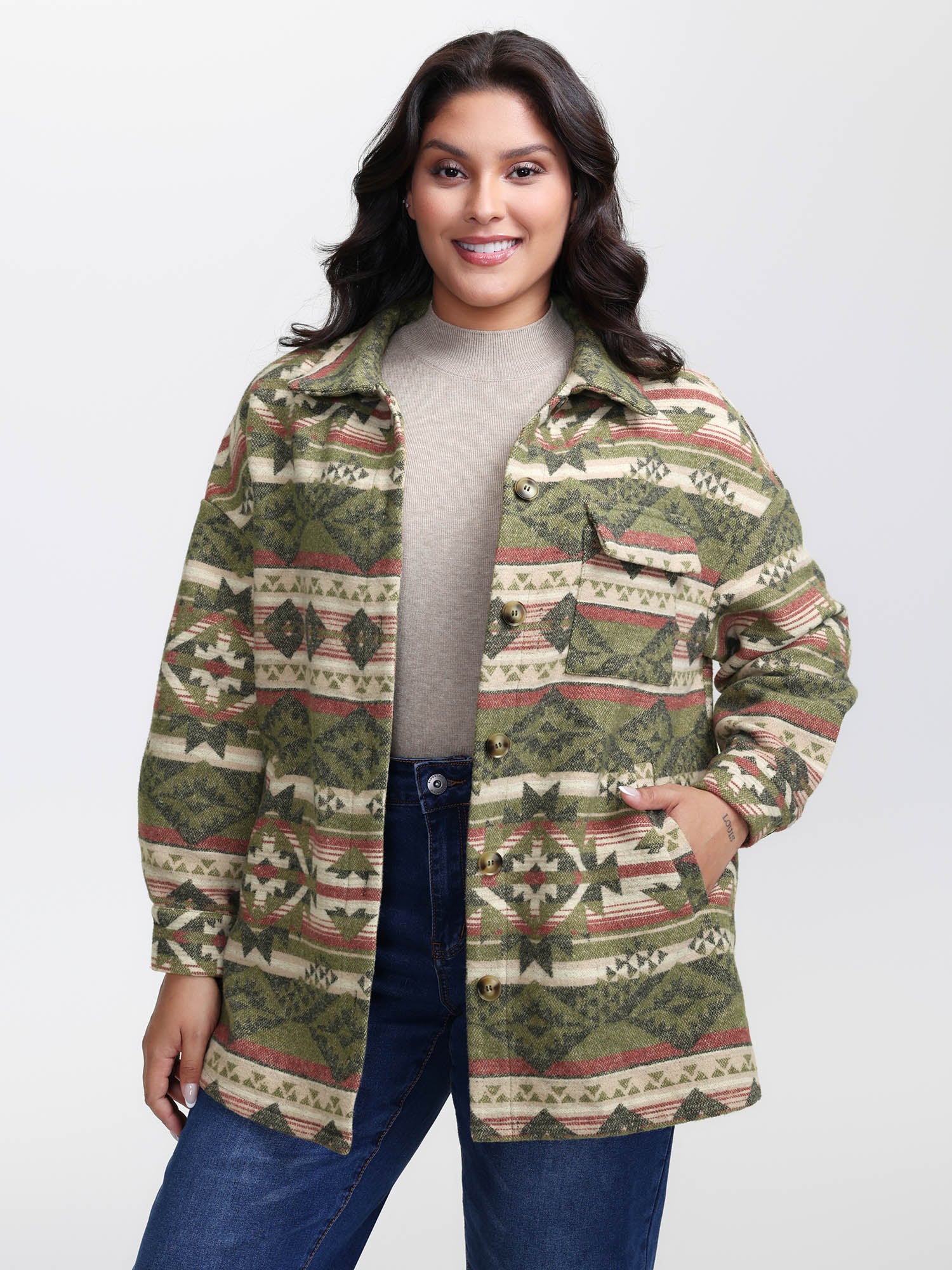 Cozy Striped Print Wool Blend Pockets Coat