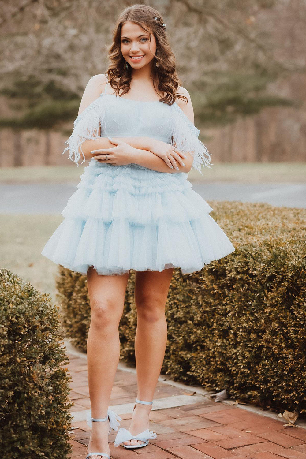 Blue Ruffled Short Homecoming Dress/Mini Dress With Feathers
