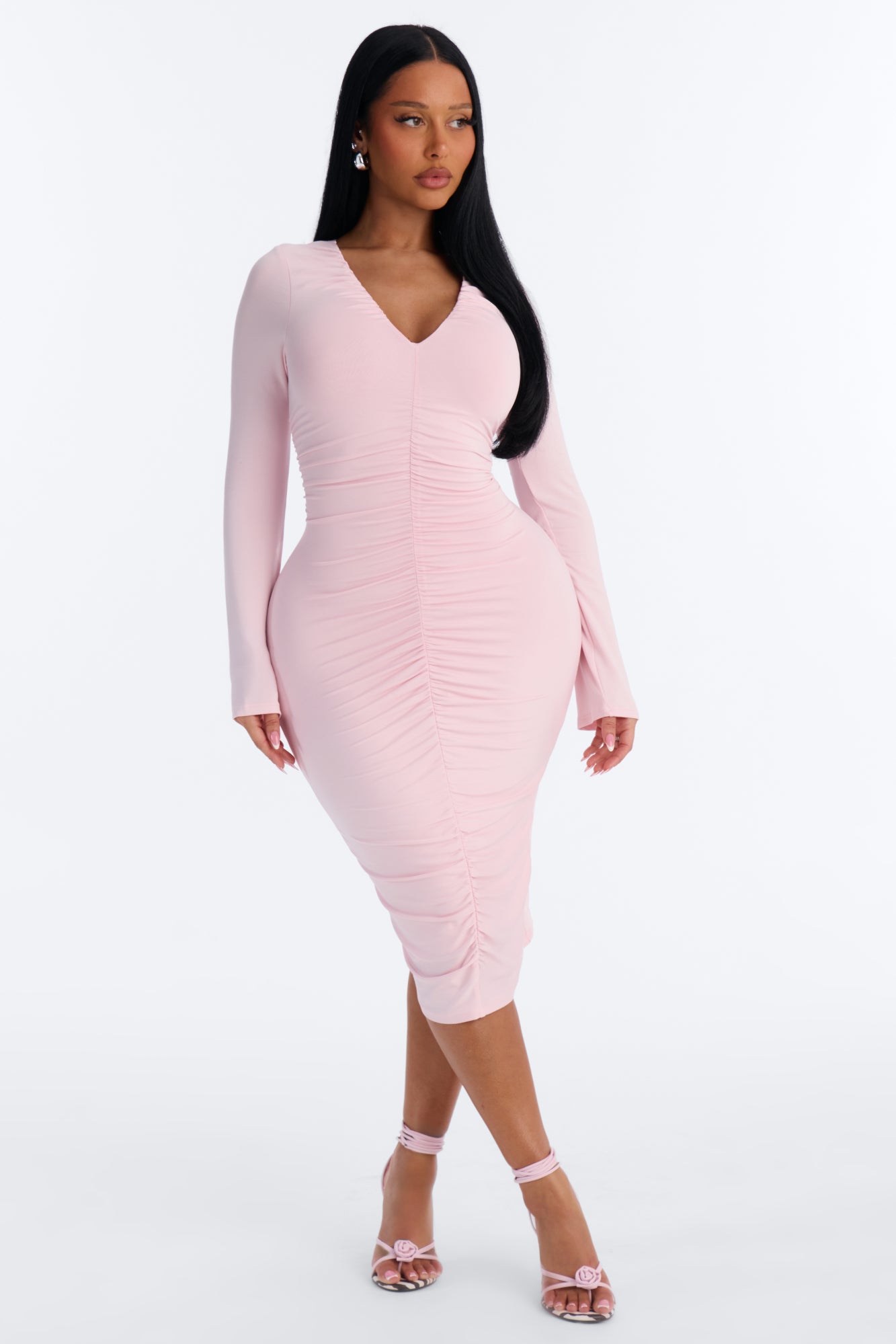 Angelica Ruched Double Lined Midi Dress - Pink