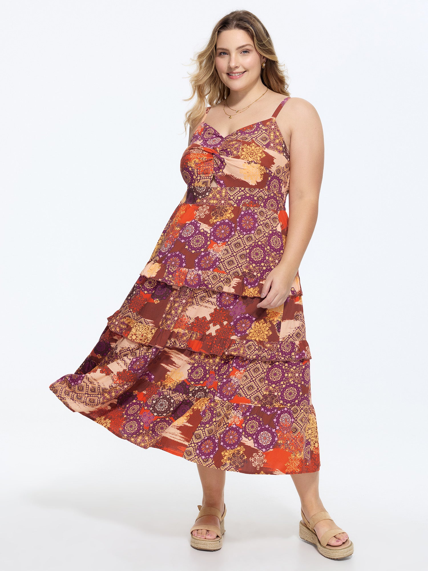 Floral Collage Print Twist-Front Midi Dress