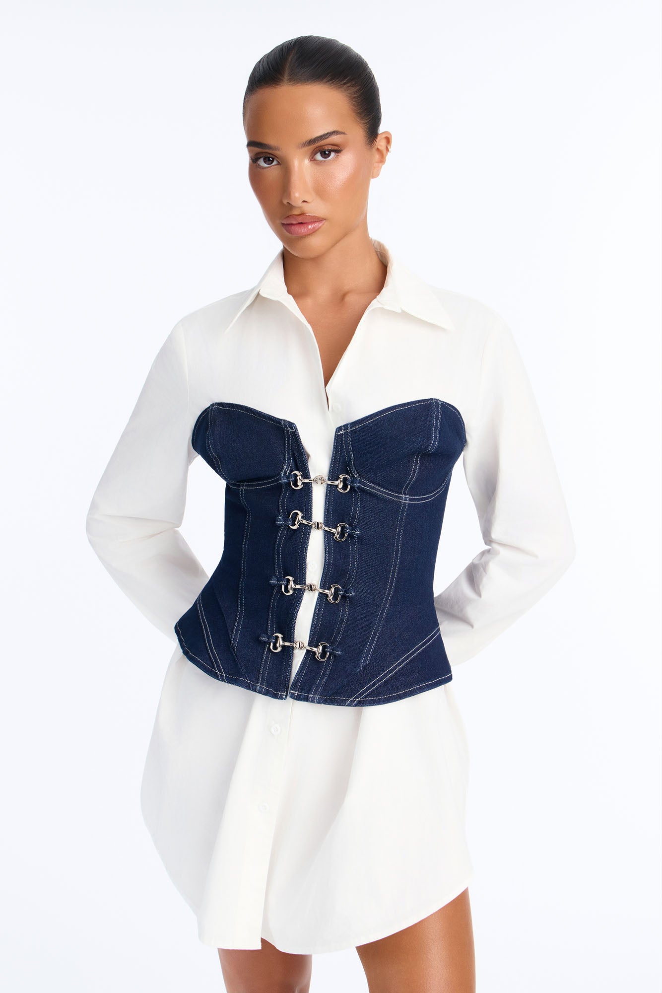 Prep Denim Corset Poplin Mini Dress - Dark Wash