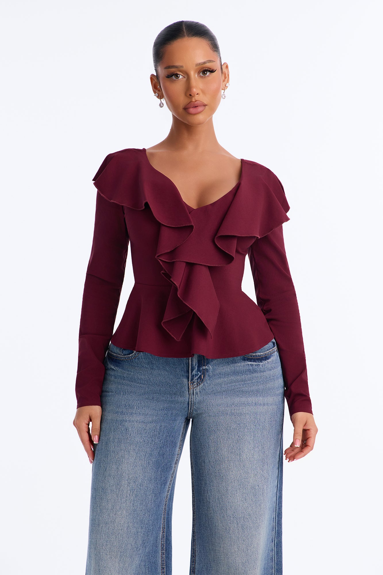 My Darling Ruffled Long Sleeve Blouse - Plum