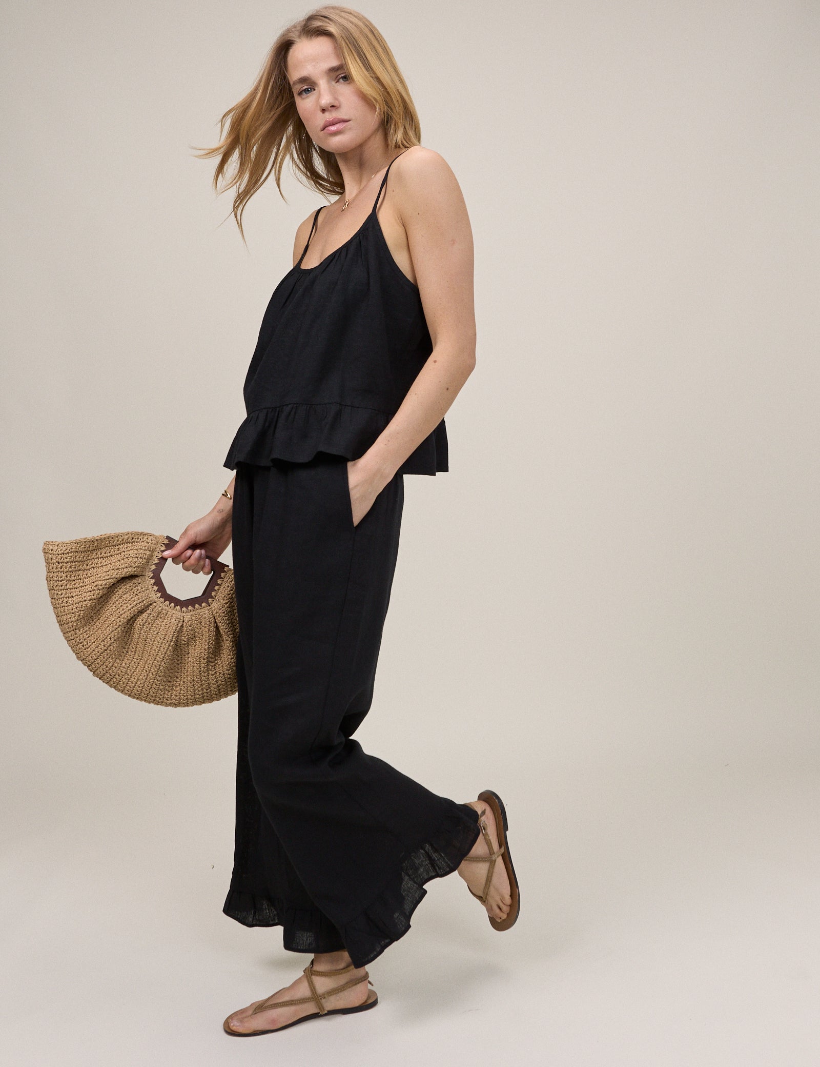 Black Linen-Rich Cropped Trousers