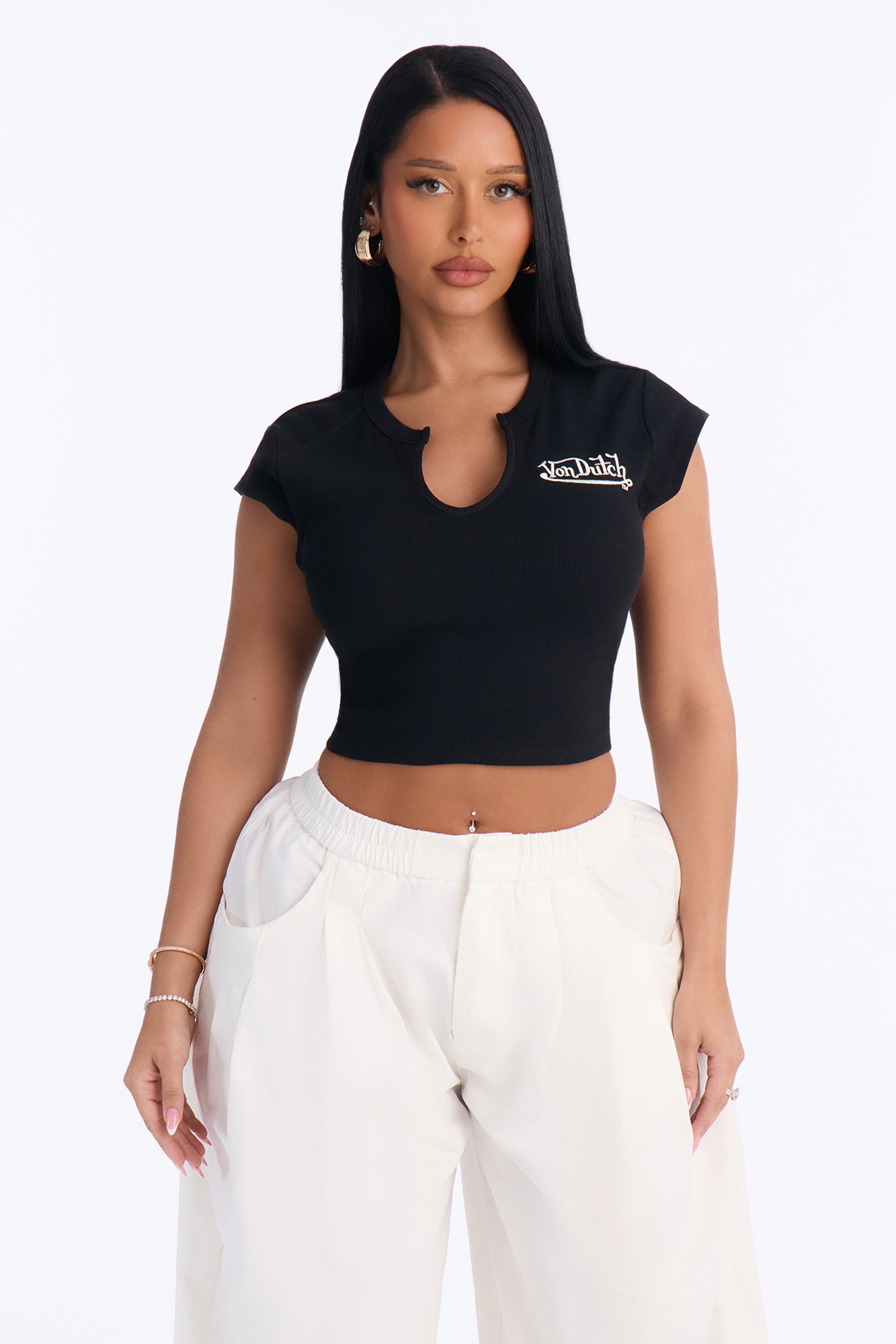 Von Dutch Embroidered Notch Neck Tee - Black