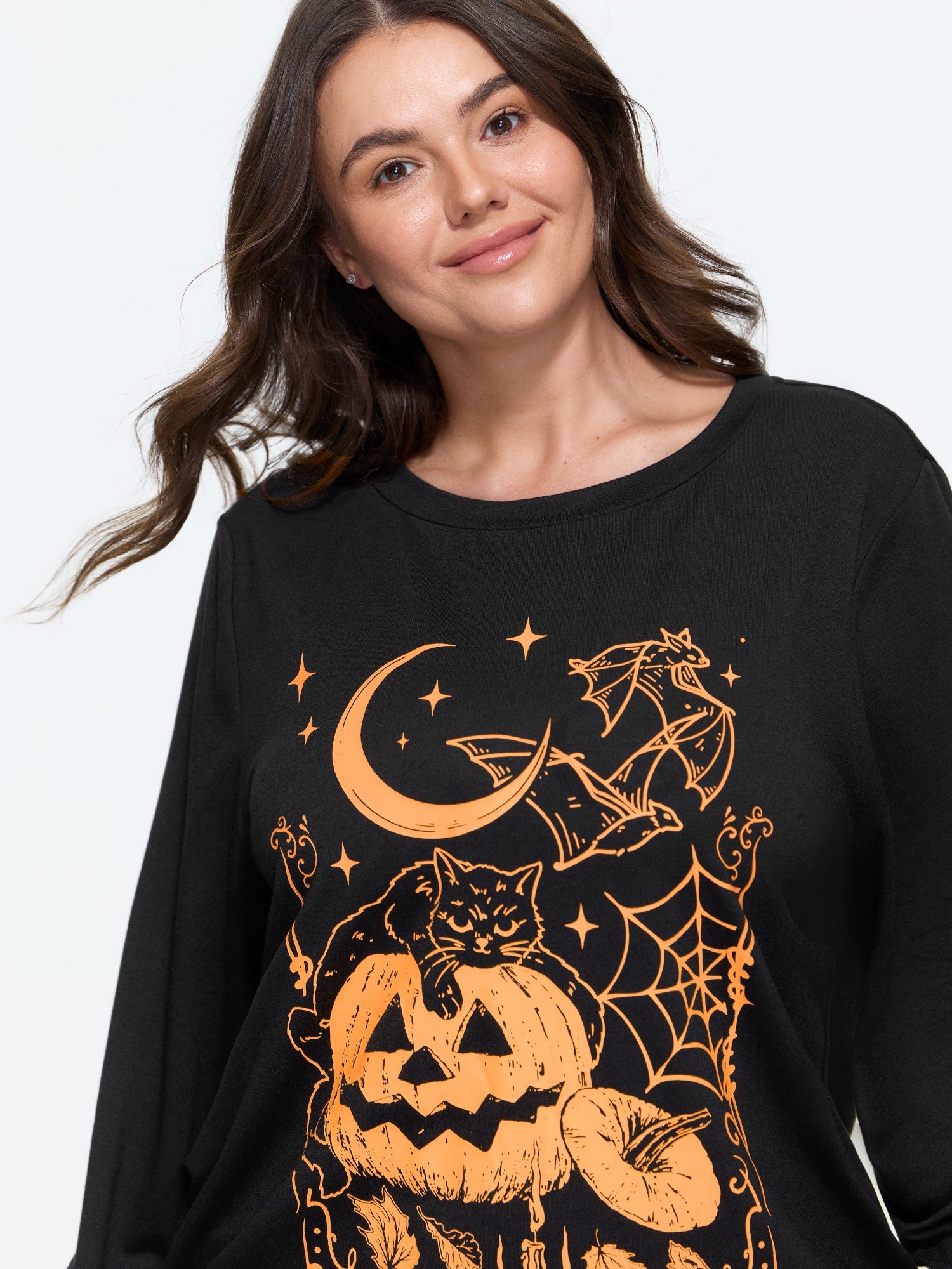 Stretch Halloween Cat Pumpkin Moon Print Sweatshirt